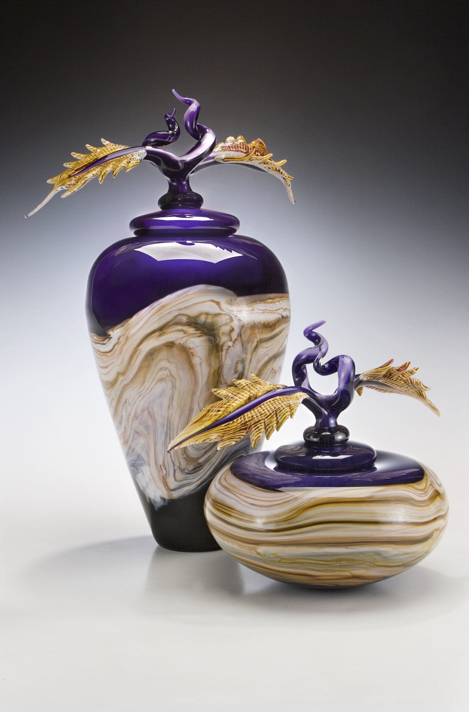 Strata Vessel Pair with Avian Finials