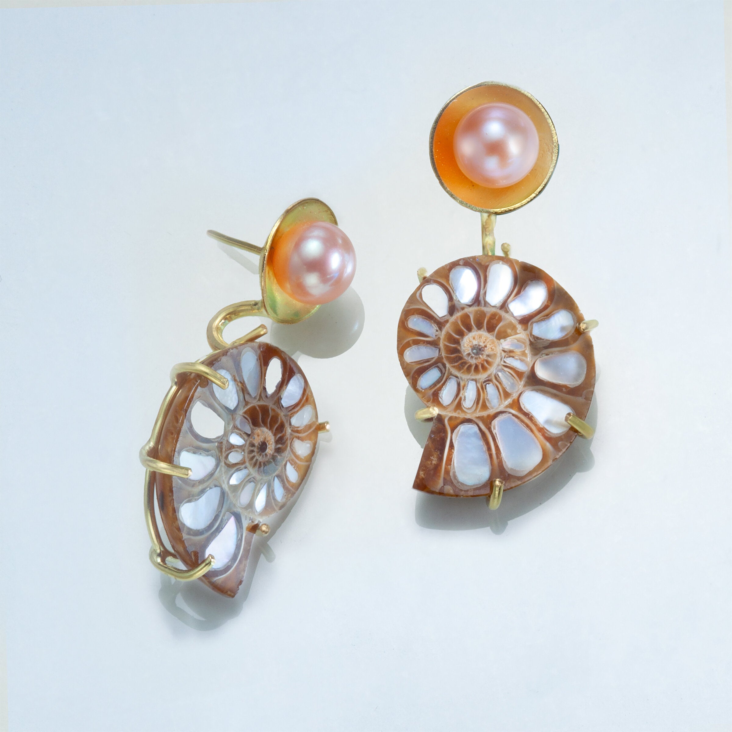 Ammonite and Pearl Basket Earrings
