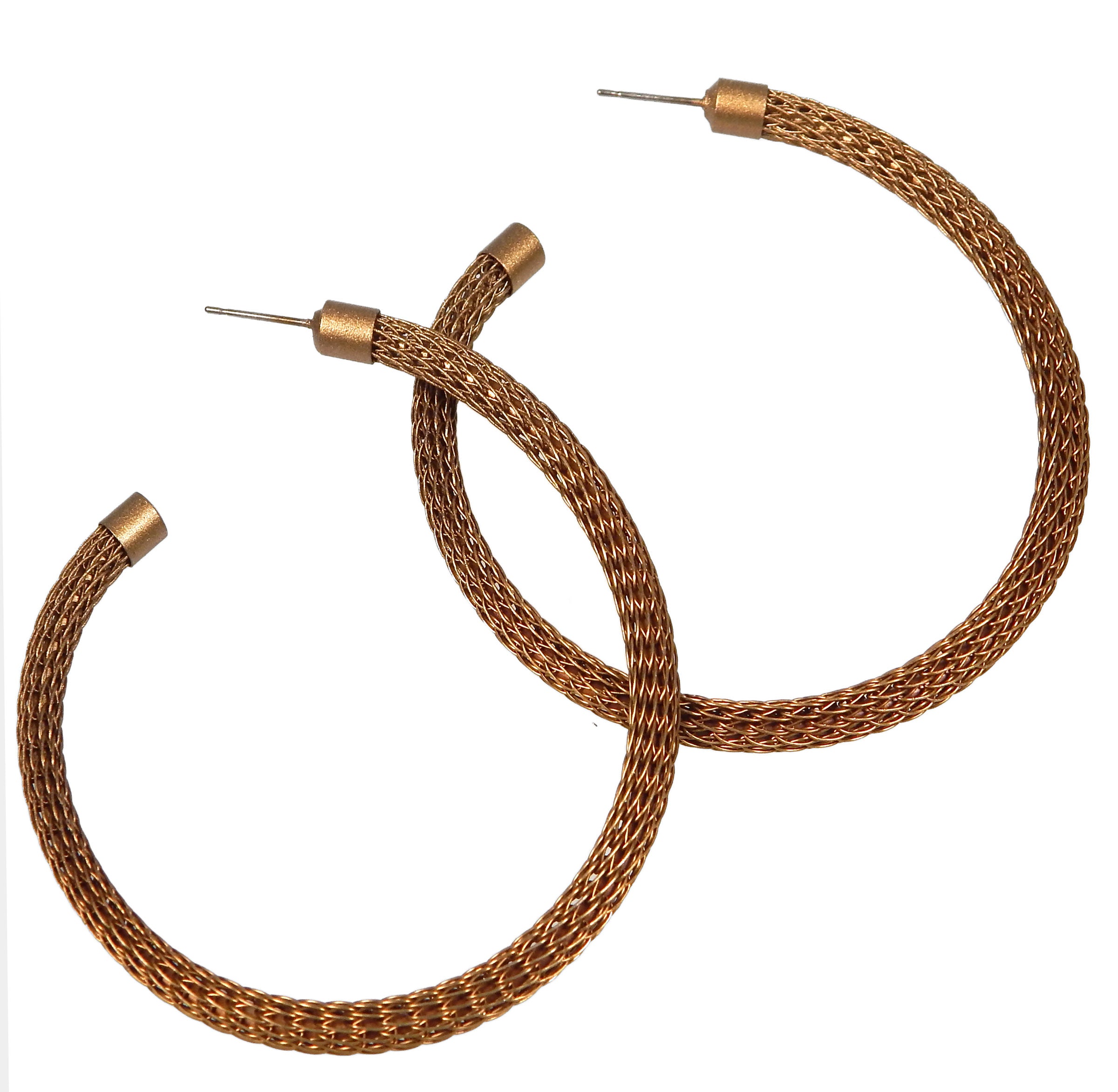 Thin Wireknit Hoop Earrings in Antique Brass
