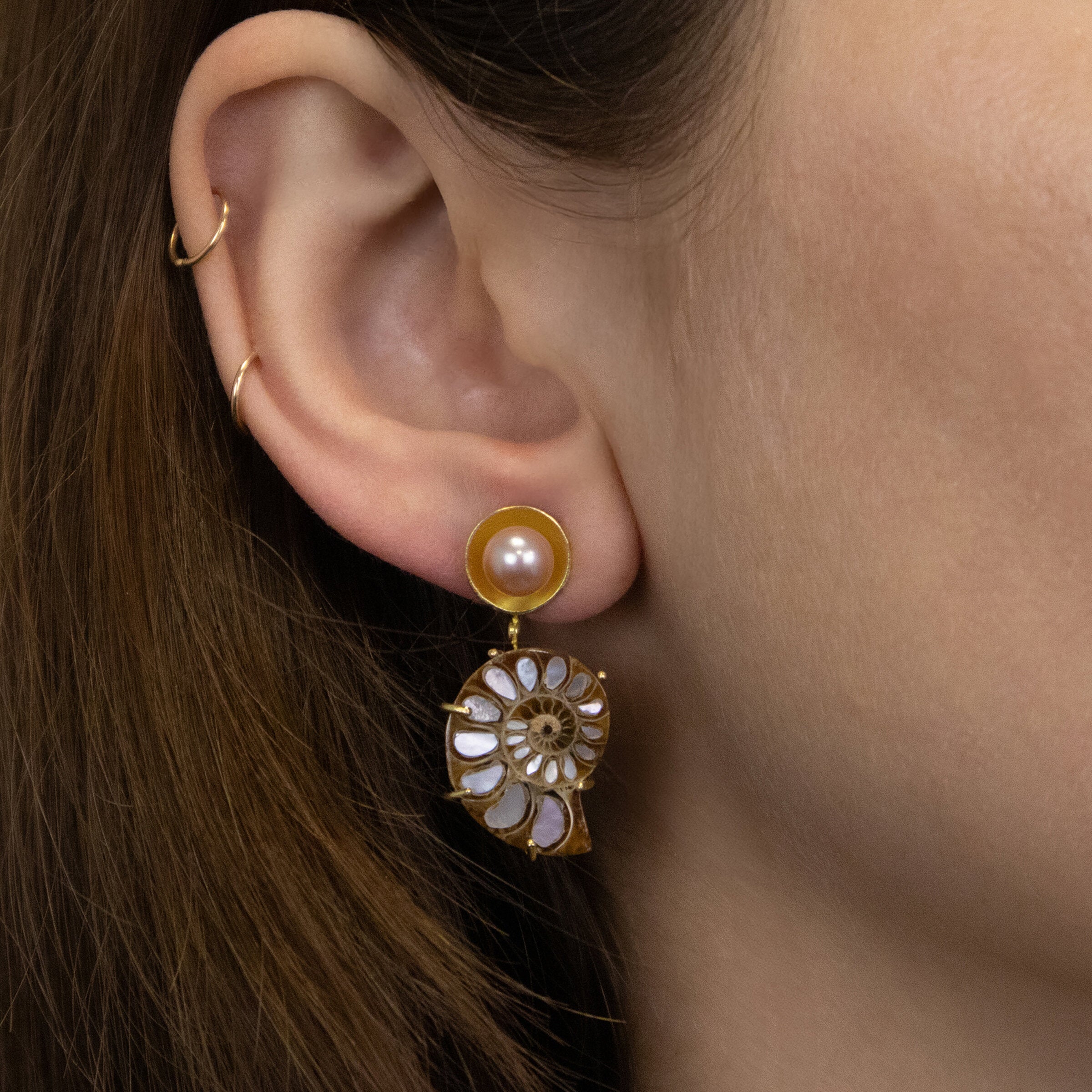 Ammonite and Pearl Basket Earrings