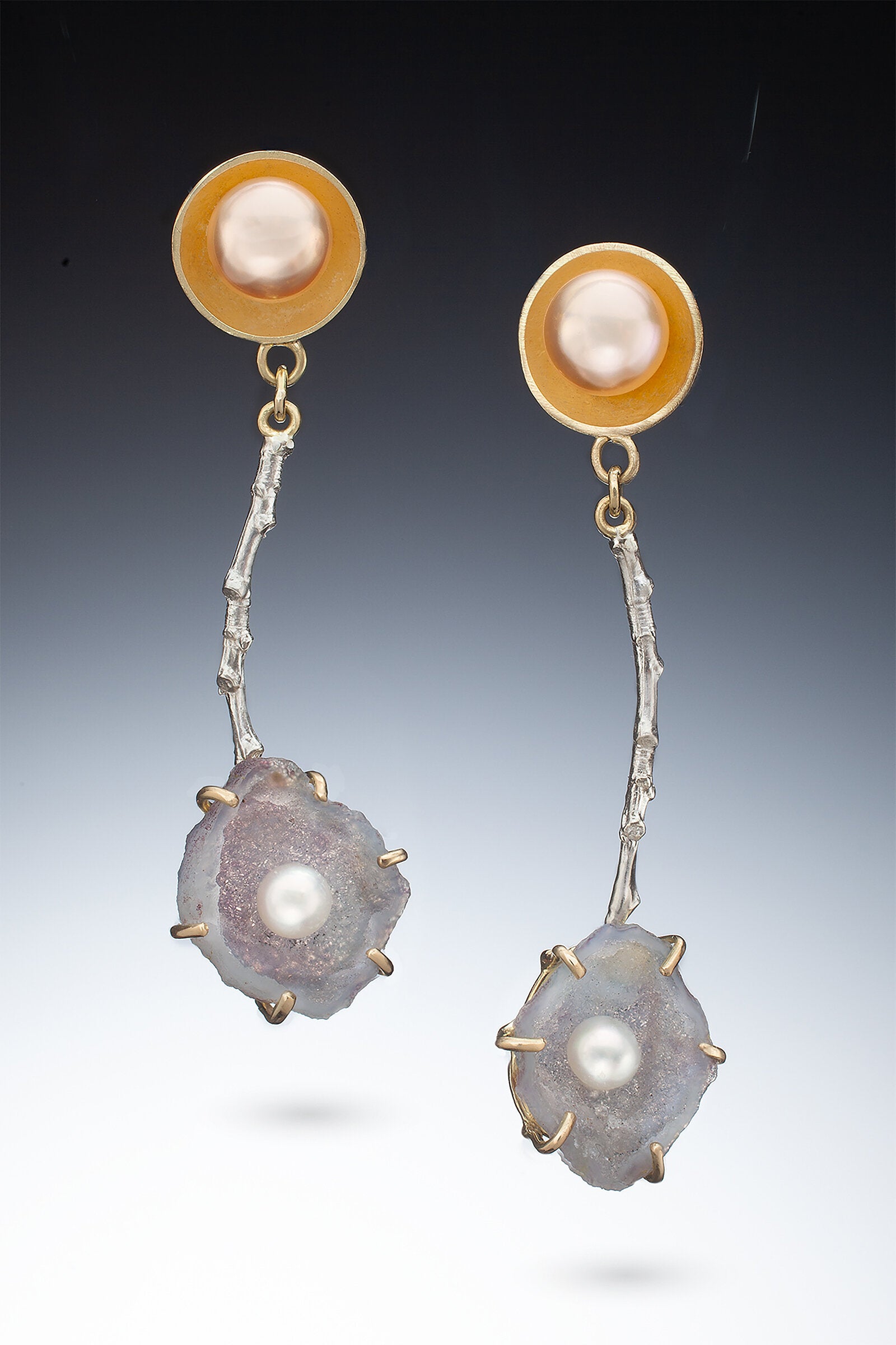 Violet Geode and Pearl Twig Earrings