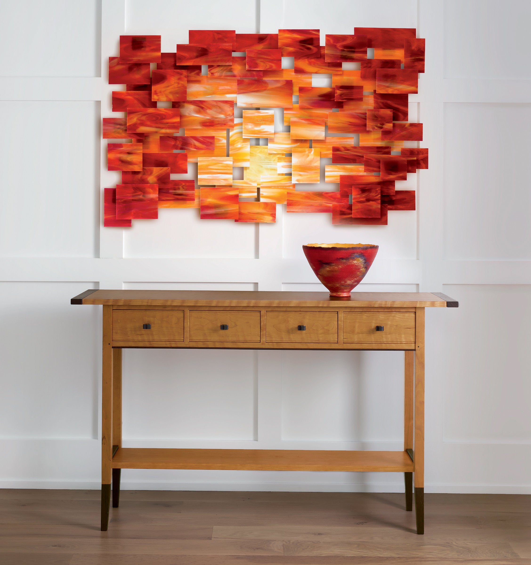 table: solid cherry table by tom dumke,bowl: nature scene by cheryl williams