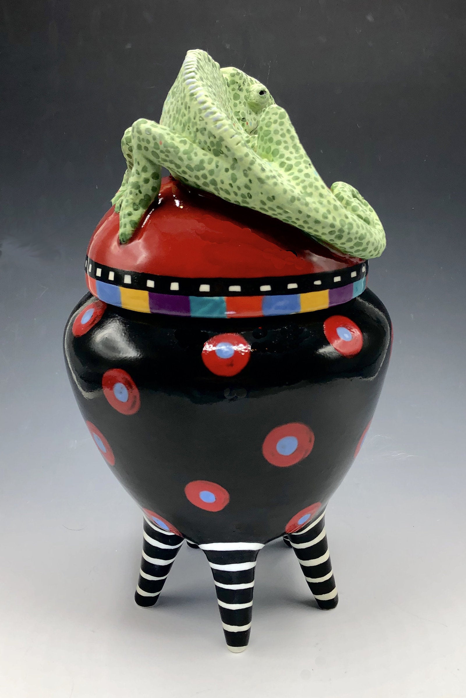 Black and Red Polka Dot Chameleon Jar on Striped Legs