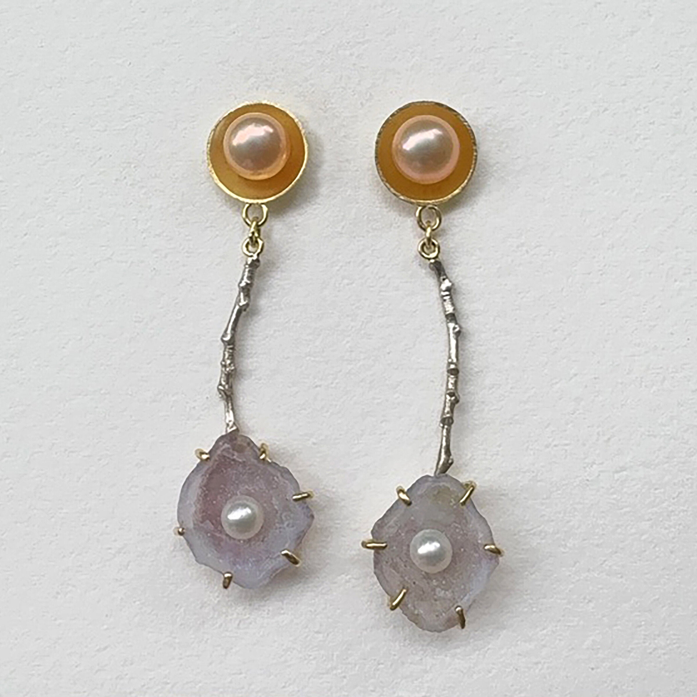 Violet Geode and Pearl Twig Earrings