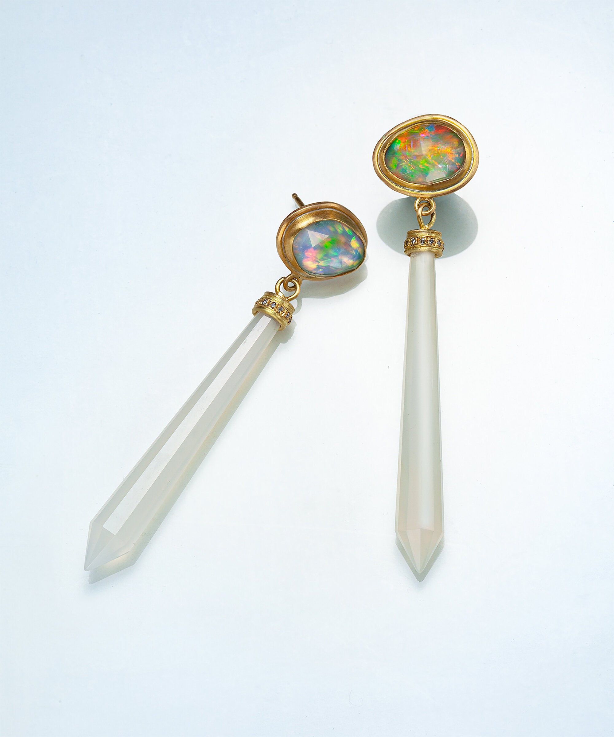 Gold, Opal, Chalcedony & Diamond Earrings