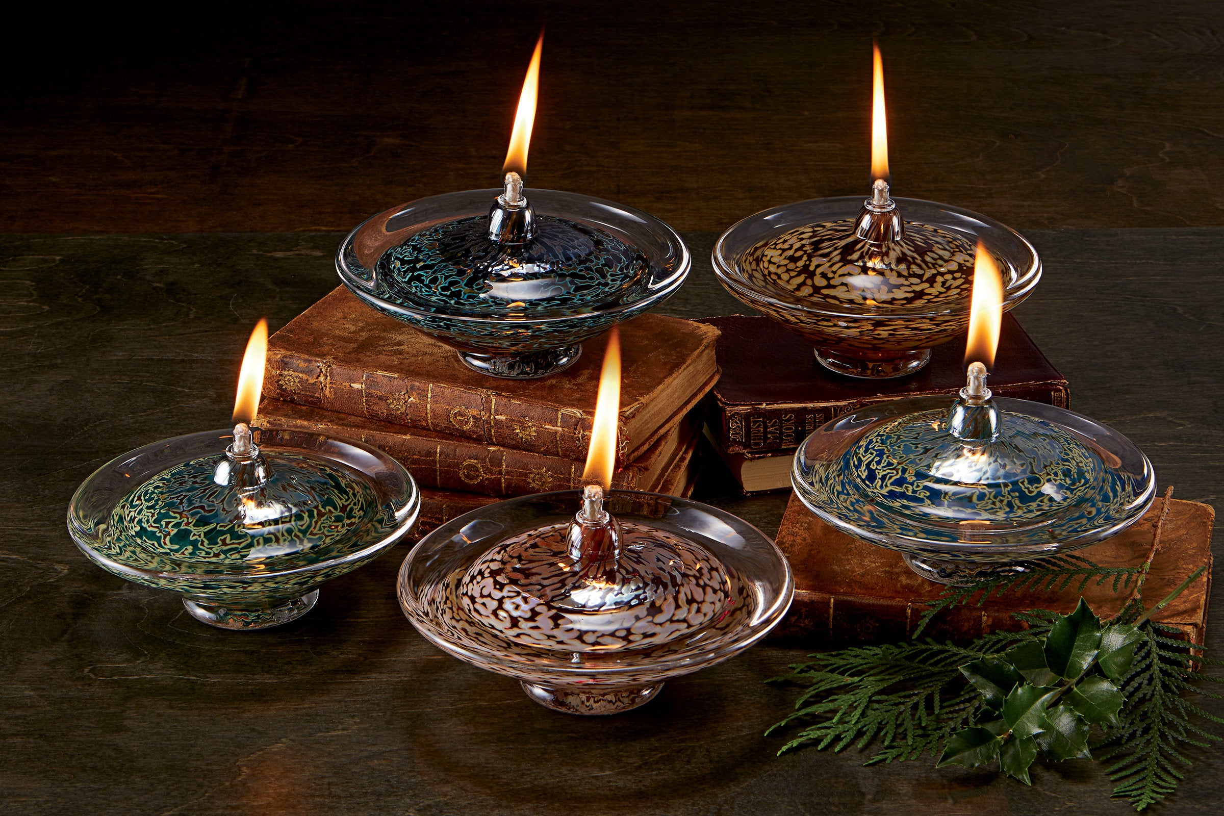 clockwise from bottom left: opaque silver green, opaque silver black, transparent topaz (no longer available), opaque silver blue, transparent ruby