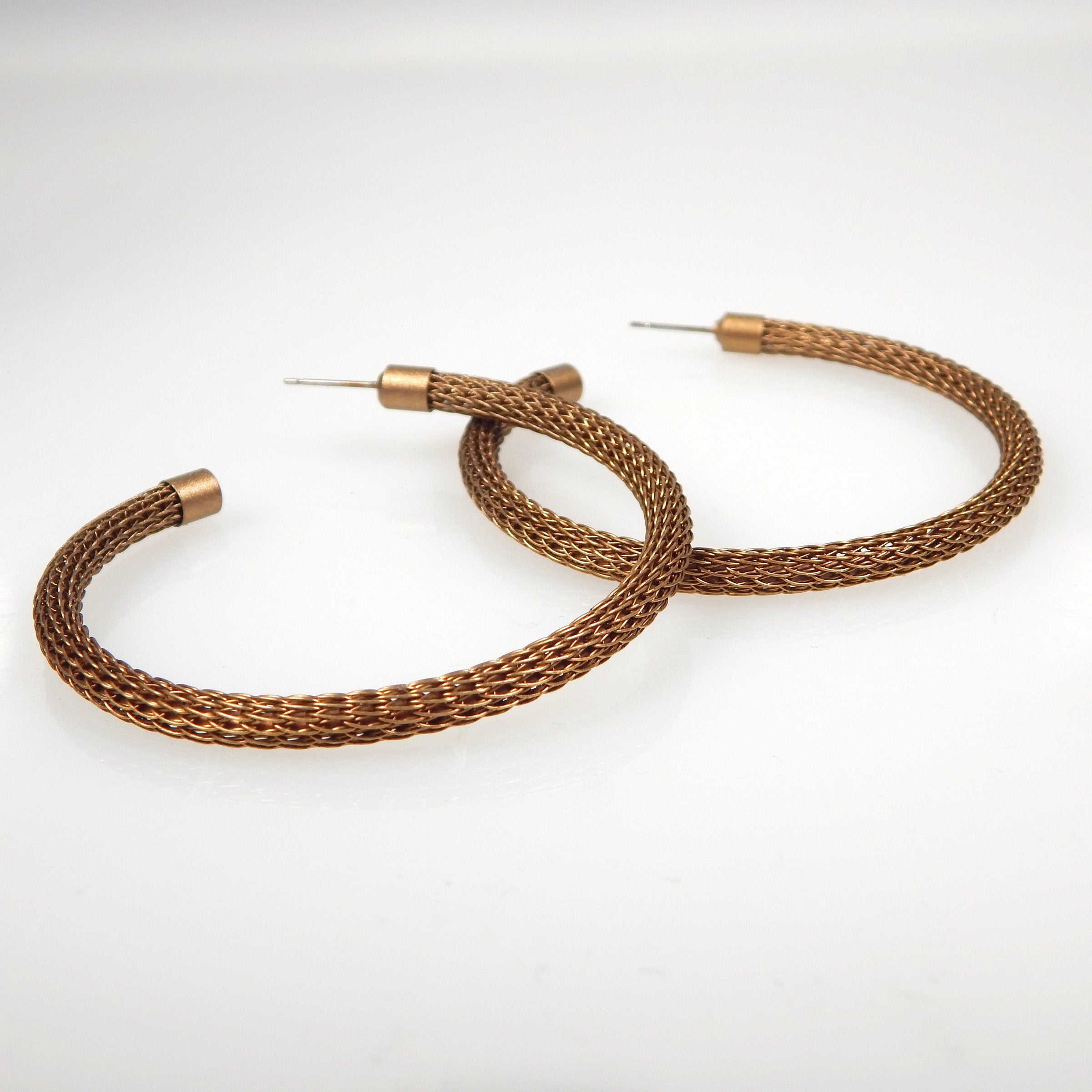 Thin Wireknit Hoop Earrings in Antique Brass