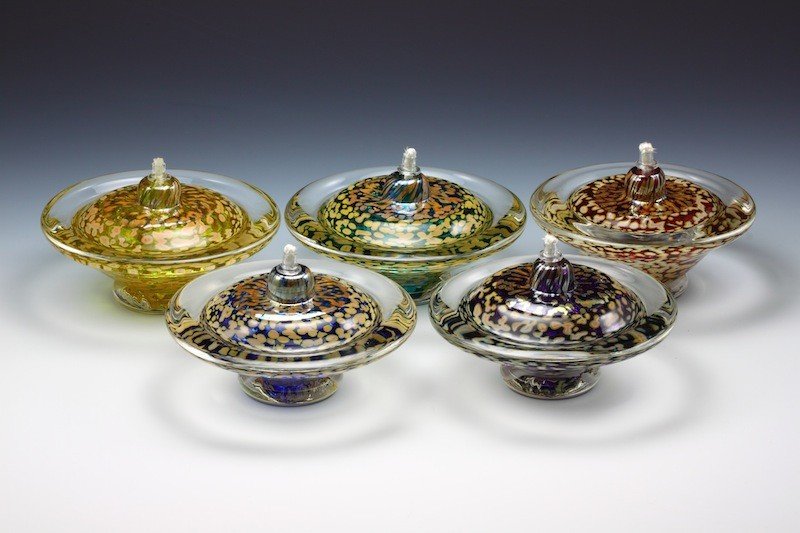 left to right: transparent lime, opaque silver blue, opaque silver green, opaque silver black, transparent ruby