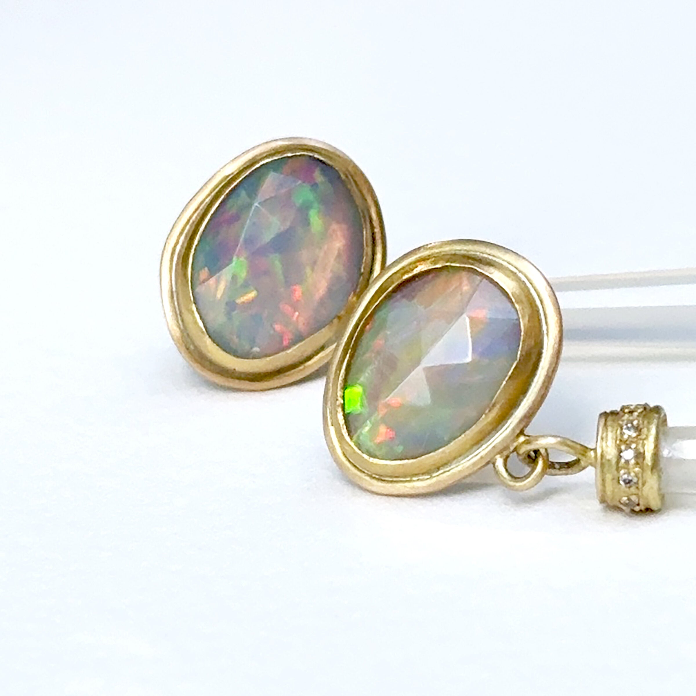 Gold, Opal, Chalcedony & Diamond Earrings
