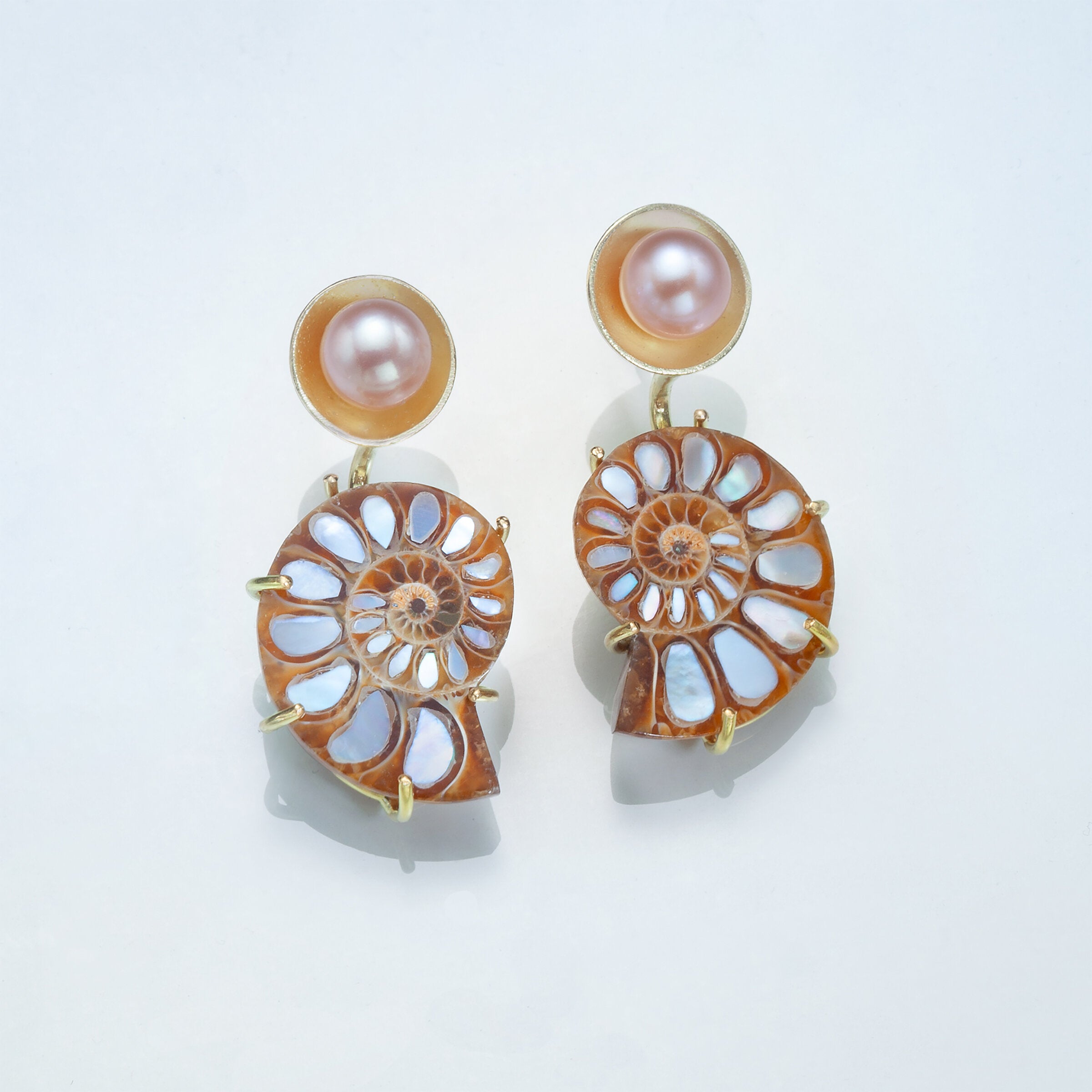 Ammonite and Pearl Basket Earrings