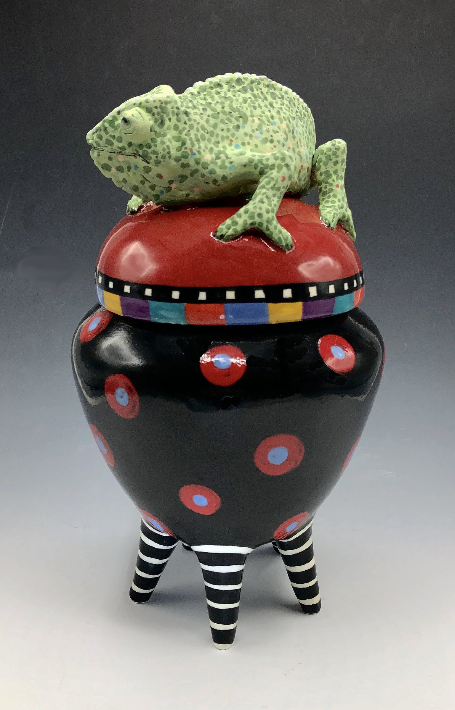 Black and Red Polka Dot Chameleon Jar on Striped Legs