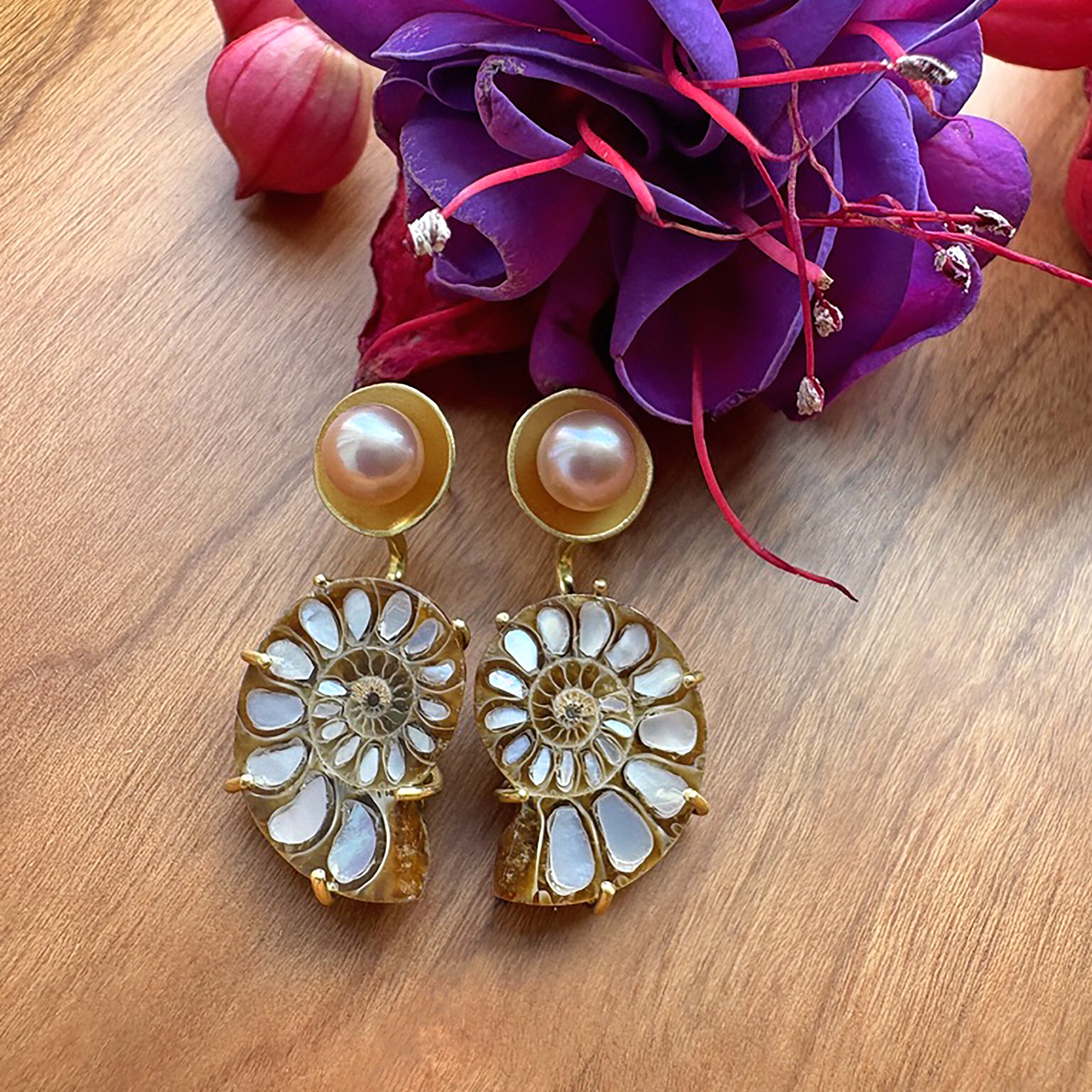 Ammonite and Pearl Basket Earrings
