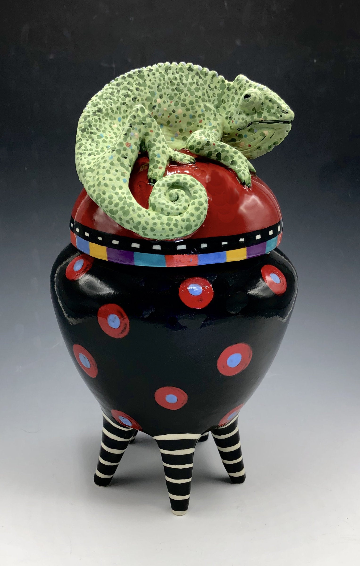 Black and Red Polka Dot Chameleon Jar on Striped Legs