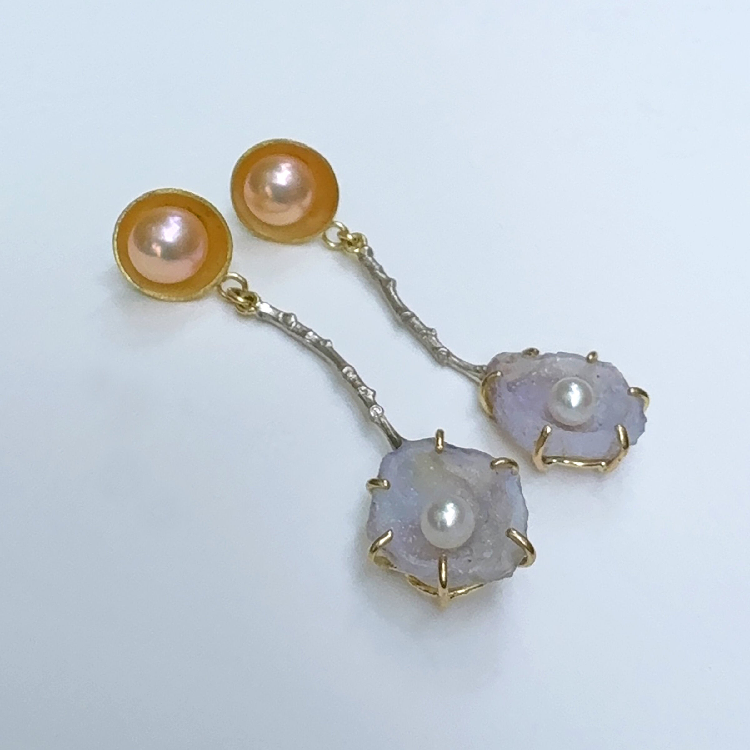Violet Geode and Pearl Twig Earrings