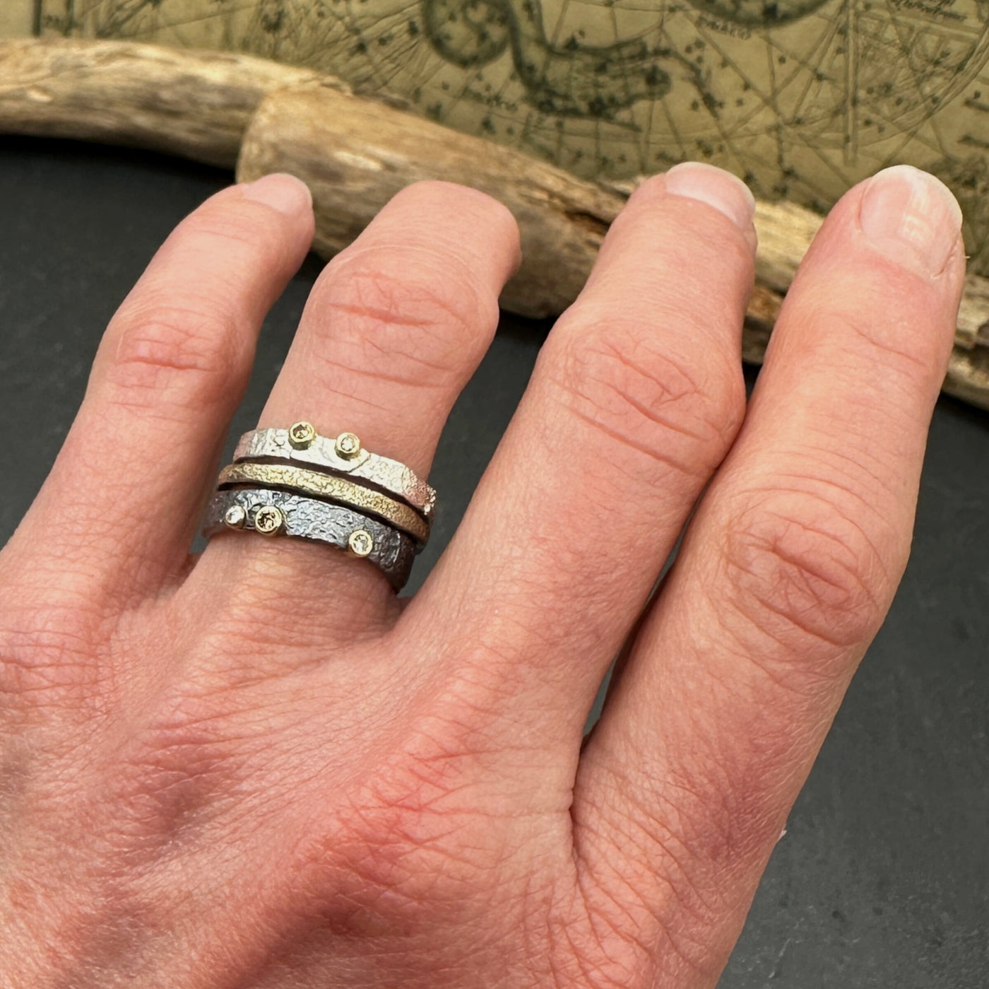 Top to bottom: bright silver band, spacer band, oxidized silver band