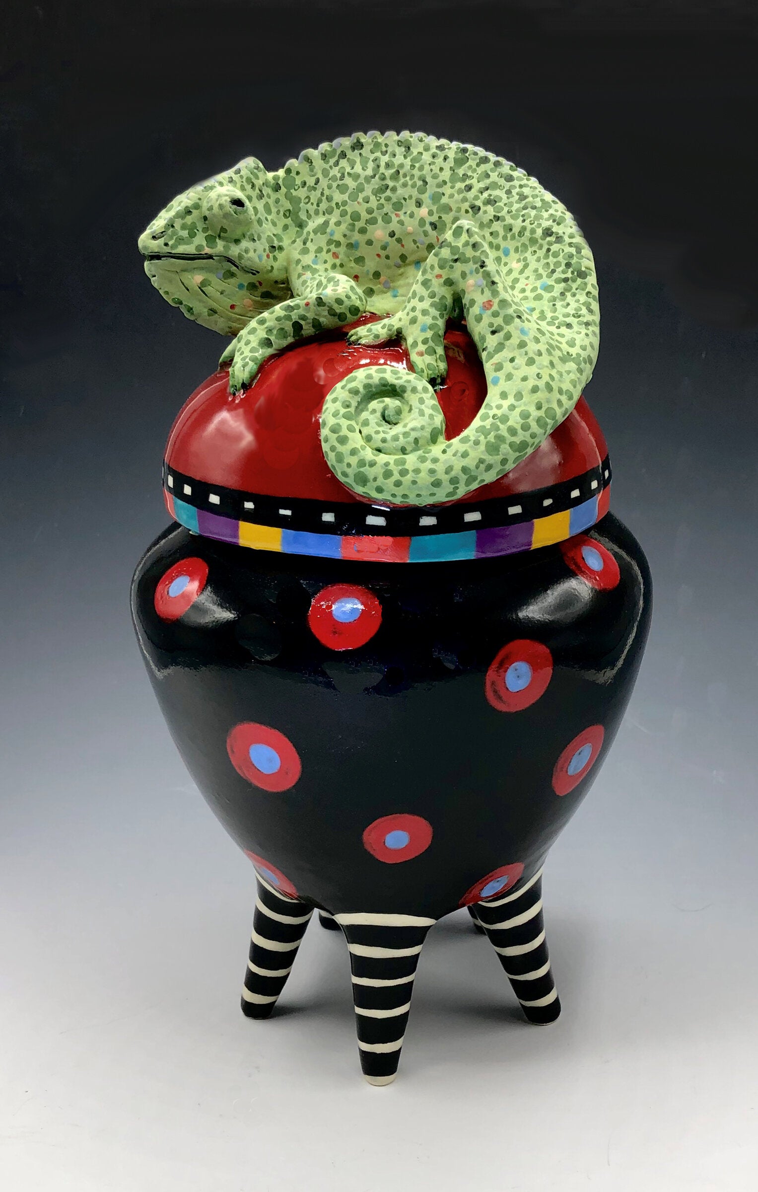 Black and Red Polka Dot Chameleon Jar on Striped Legs