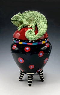 Black and Red Polka Dot Chameleon Jar on Striped Legs