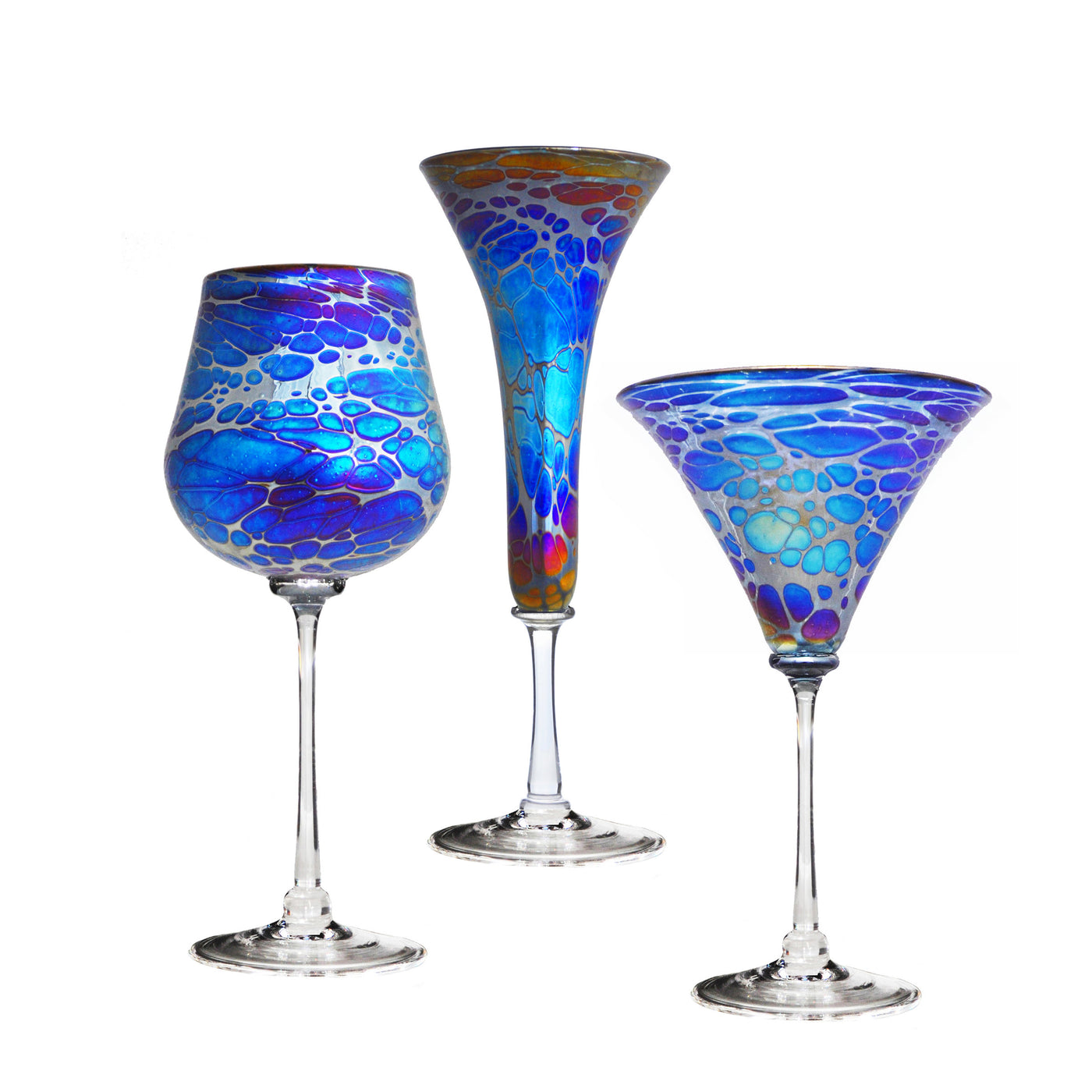 left to right: wine glass, flute, martini glass