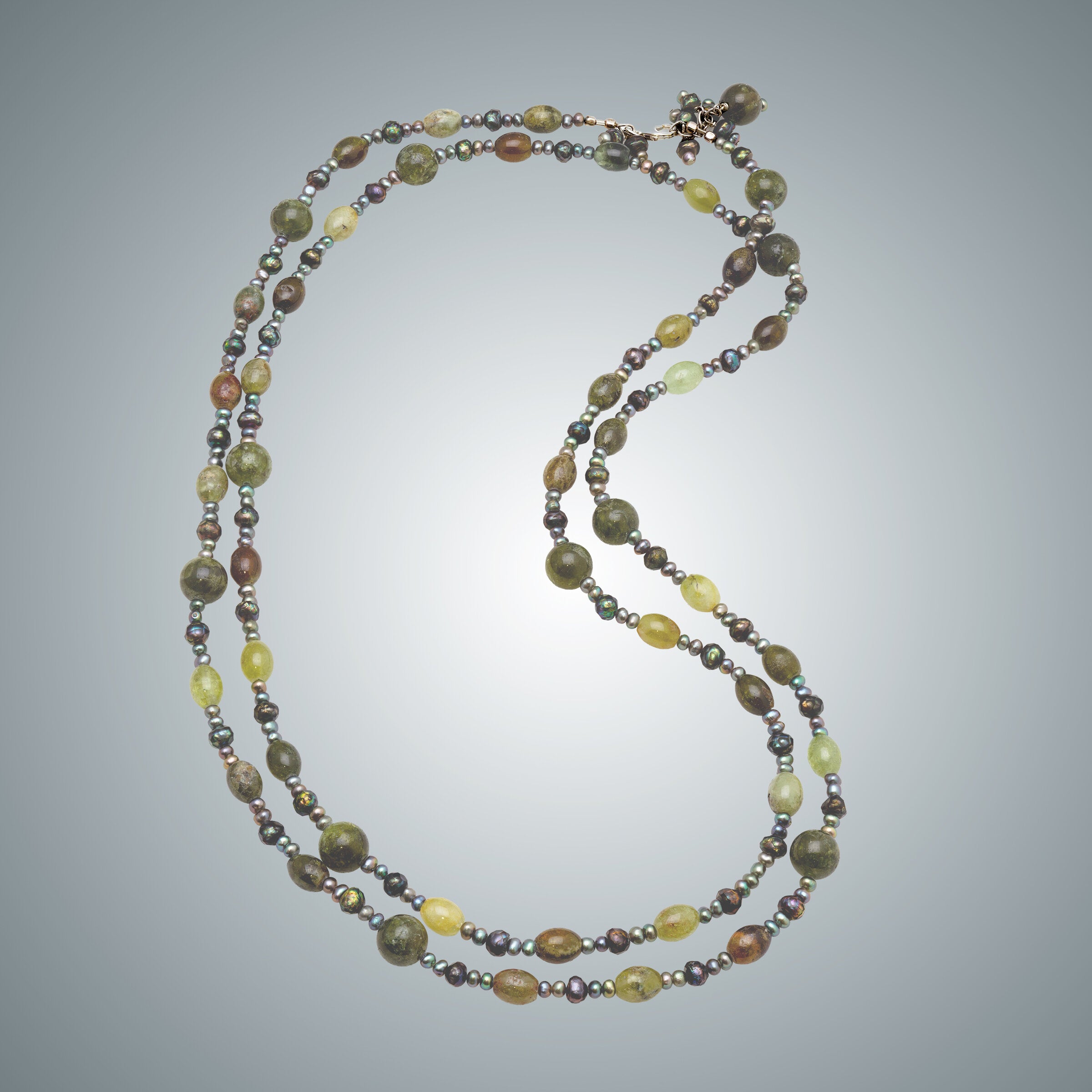 Green Garnet, Freshwater Pearls & Sterling Silver Necklace