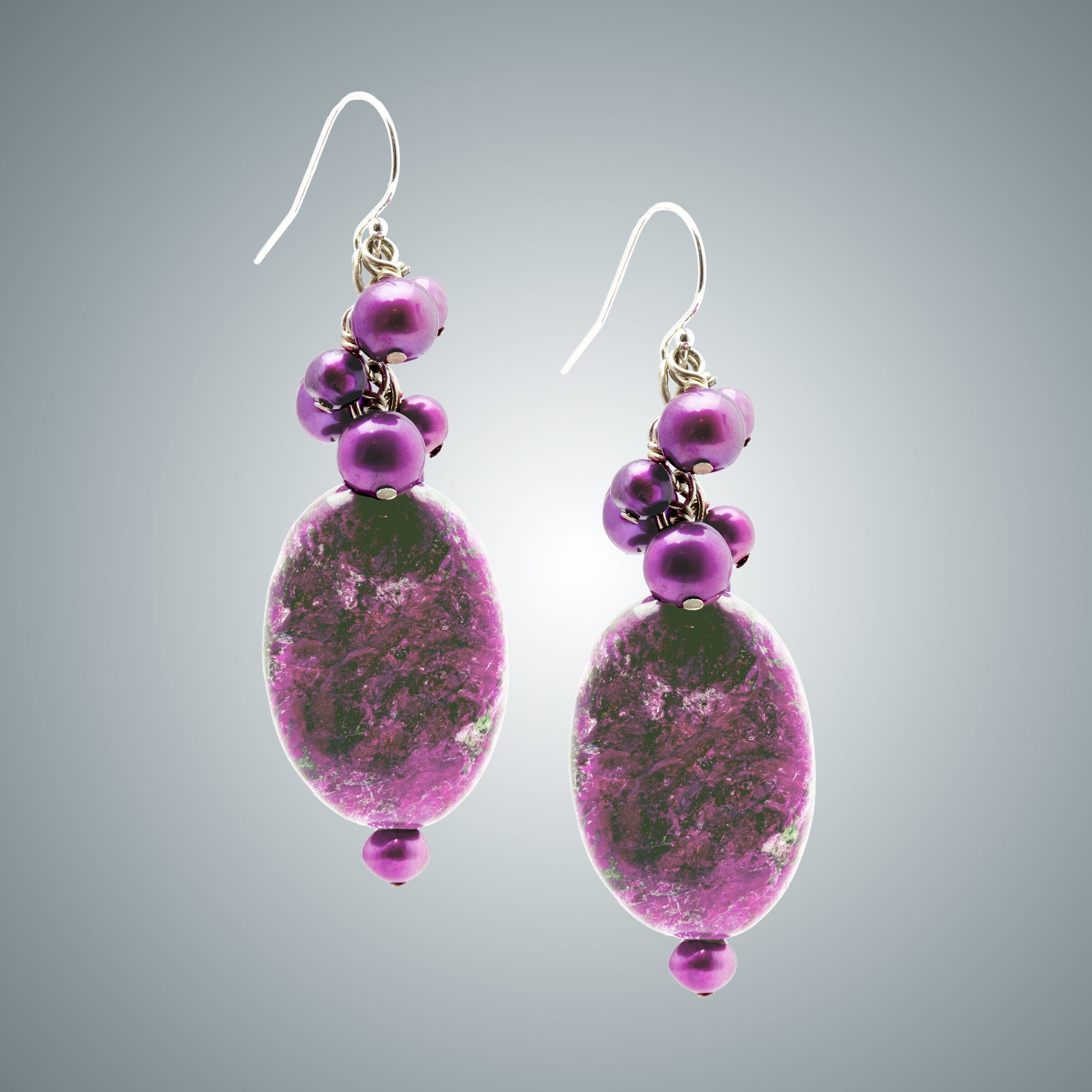 Fuchsia Agate, Pearls & Silver Earrings