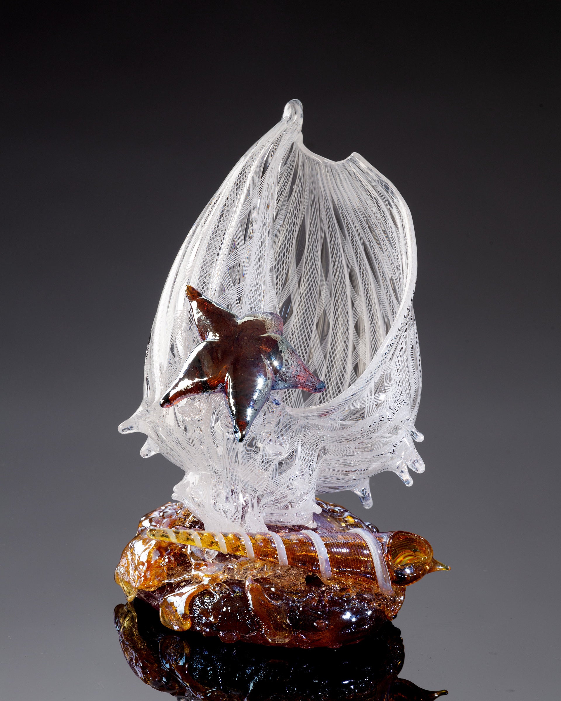 White Latticino Shell Sculpture with Auger Shell and Sea Star