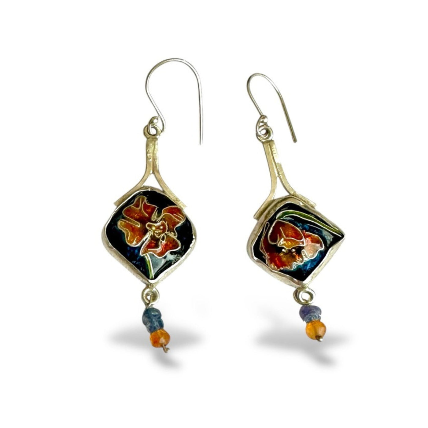 Asymmetrical Cloisonne Poppy Earrings