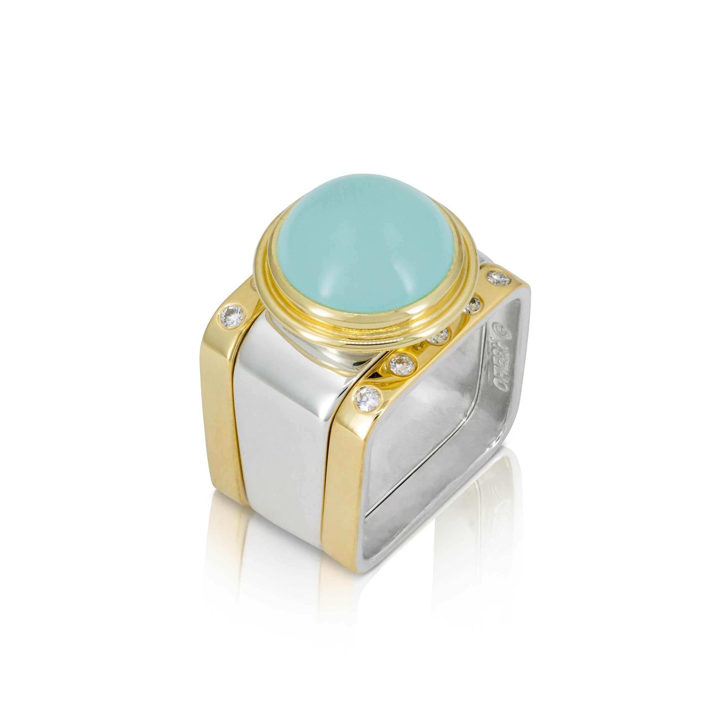 Aqua Chalcedony Square Ring with Guard Rings