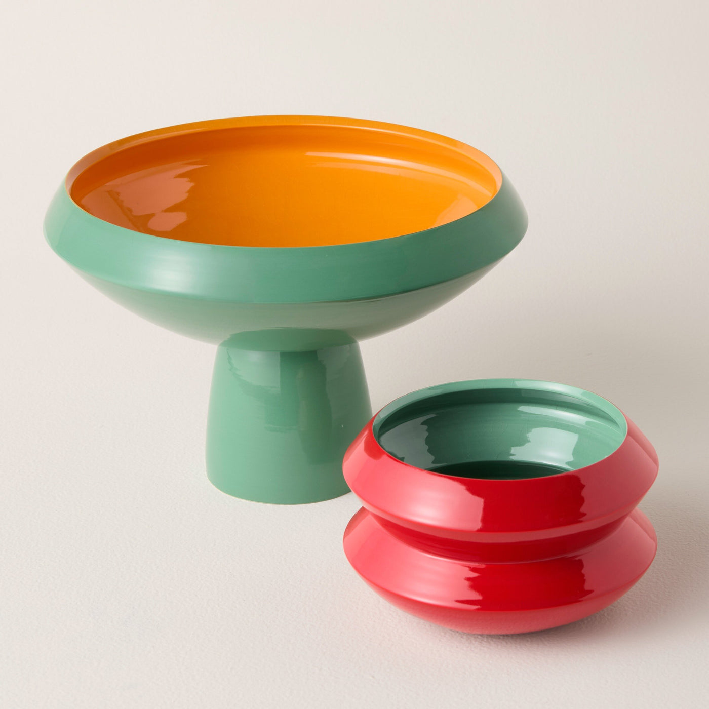 Seafoam and Tangerine Pedestal Bowl, Scarlet and Seafoam Latitude Bowl
