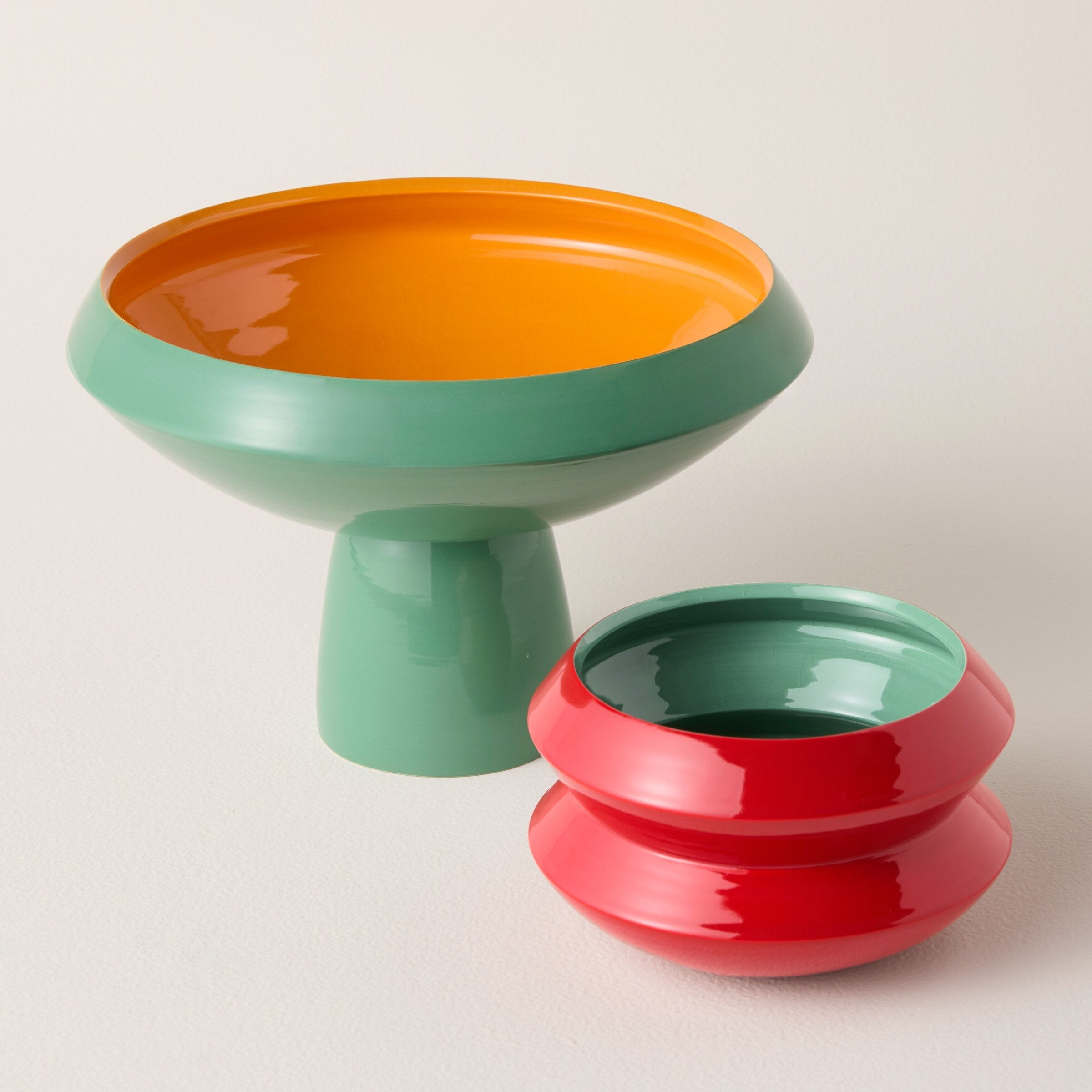 Seafoam and Tangerine Pedestal Bowl, Scarlet and Seafoam Latitude Bowl
