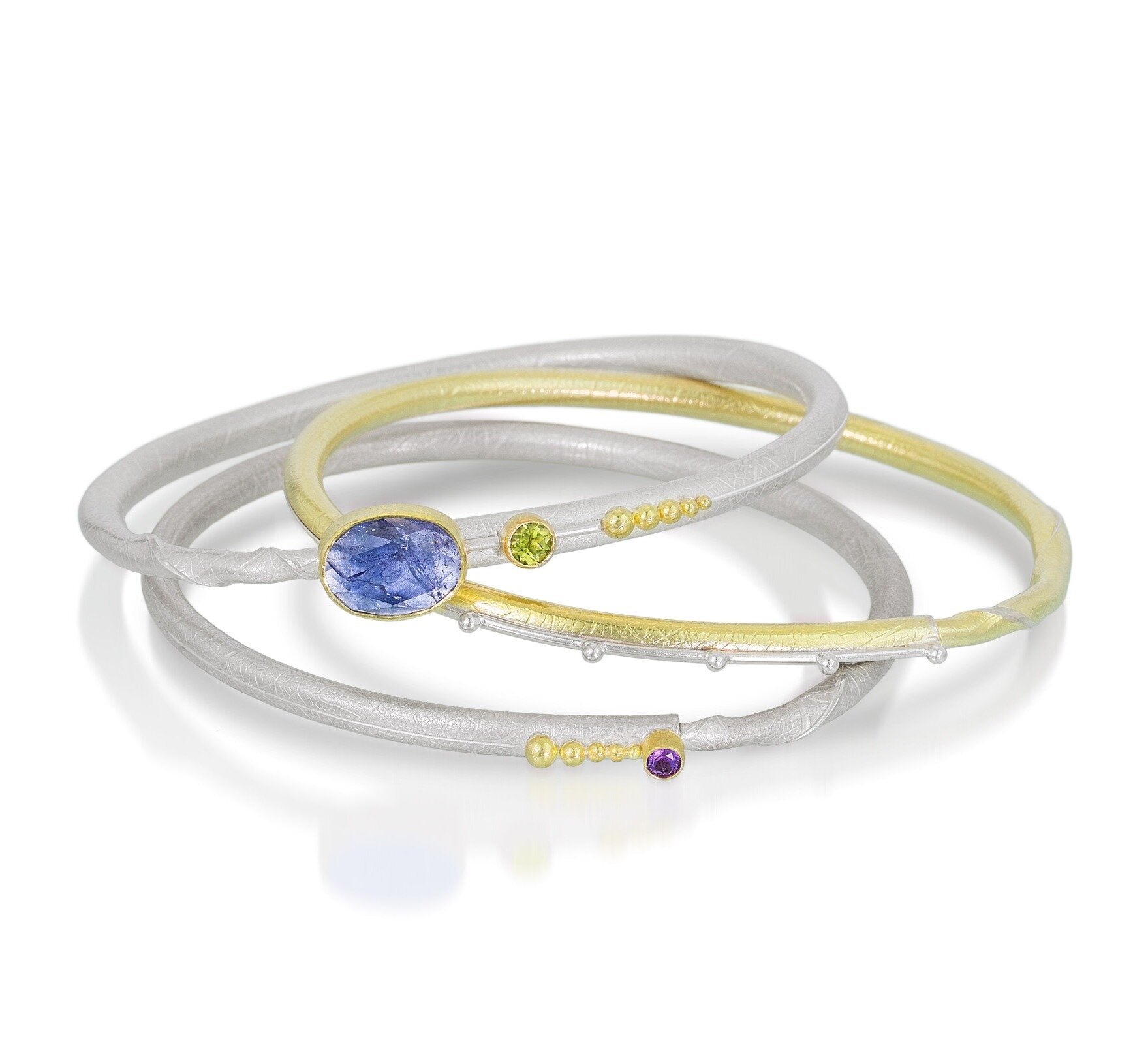 top to bottom: Gold, Silver & Stone Bracelet, Gold & Silver Bracelet, Amethyst & Gold Bracelet