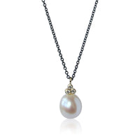 Pearl Drop Pendant Necklace with Three Diamond Cluster