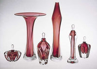 left to right: optic perfume bottle, fluted bud vase, overlay perfume bottle, tapered bud vase, footed perfume bottle (no longer available), cubic perfume bottle