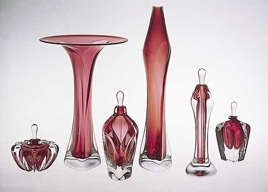 left to right: optic perfume bottle, fluted bud vase, overlay perfume bottle, tapered bud vase, footed perfume bottle (no longer available), cubic perfume bottle | Photo by Tommy Olaf Elder