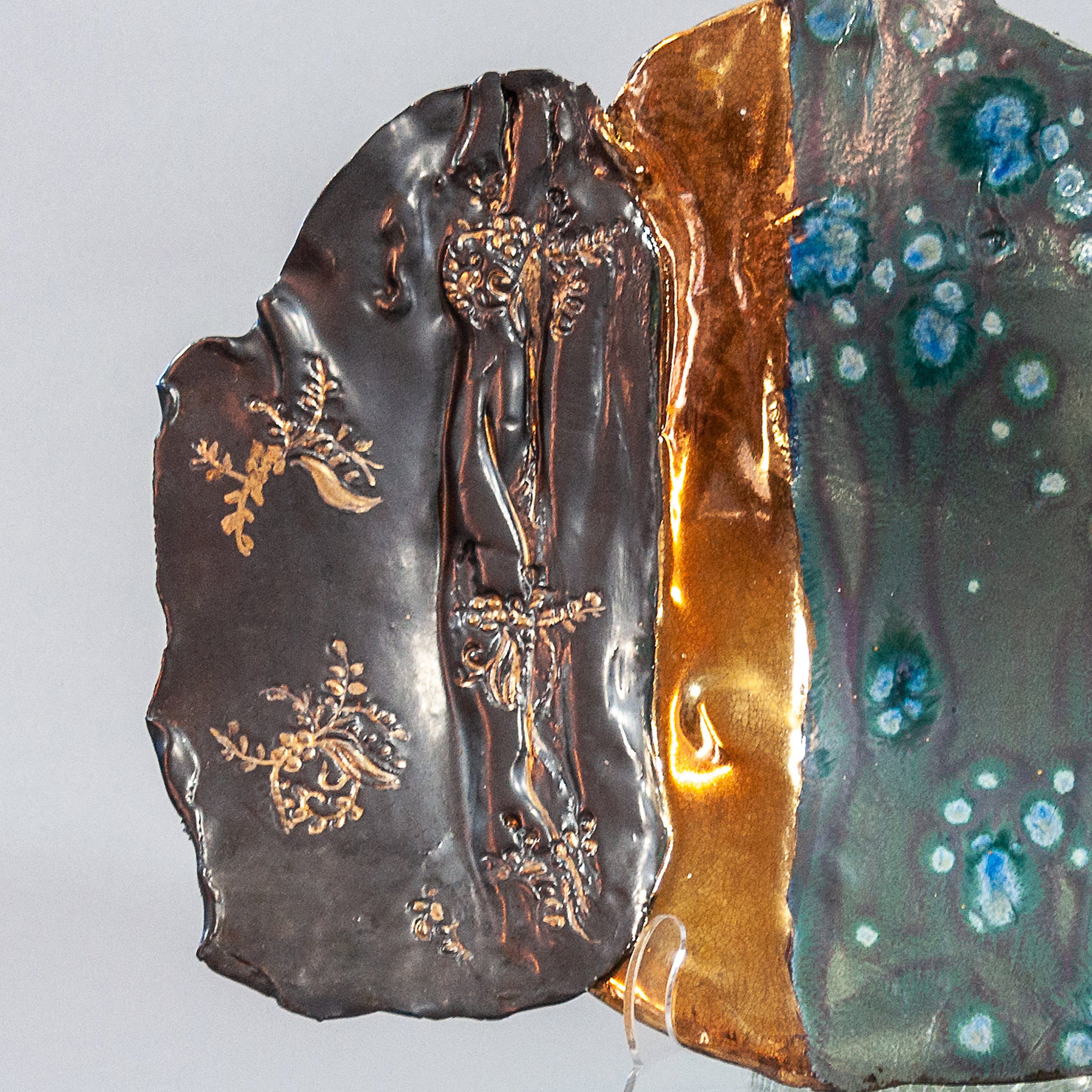Multicolored Blue Porcelain Platter with Gold and Floral Accents