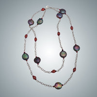 Iridescent Coin Pearls, Garnet & Oxidized Sterling Silver Necklace
