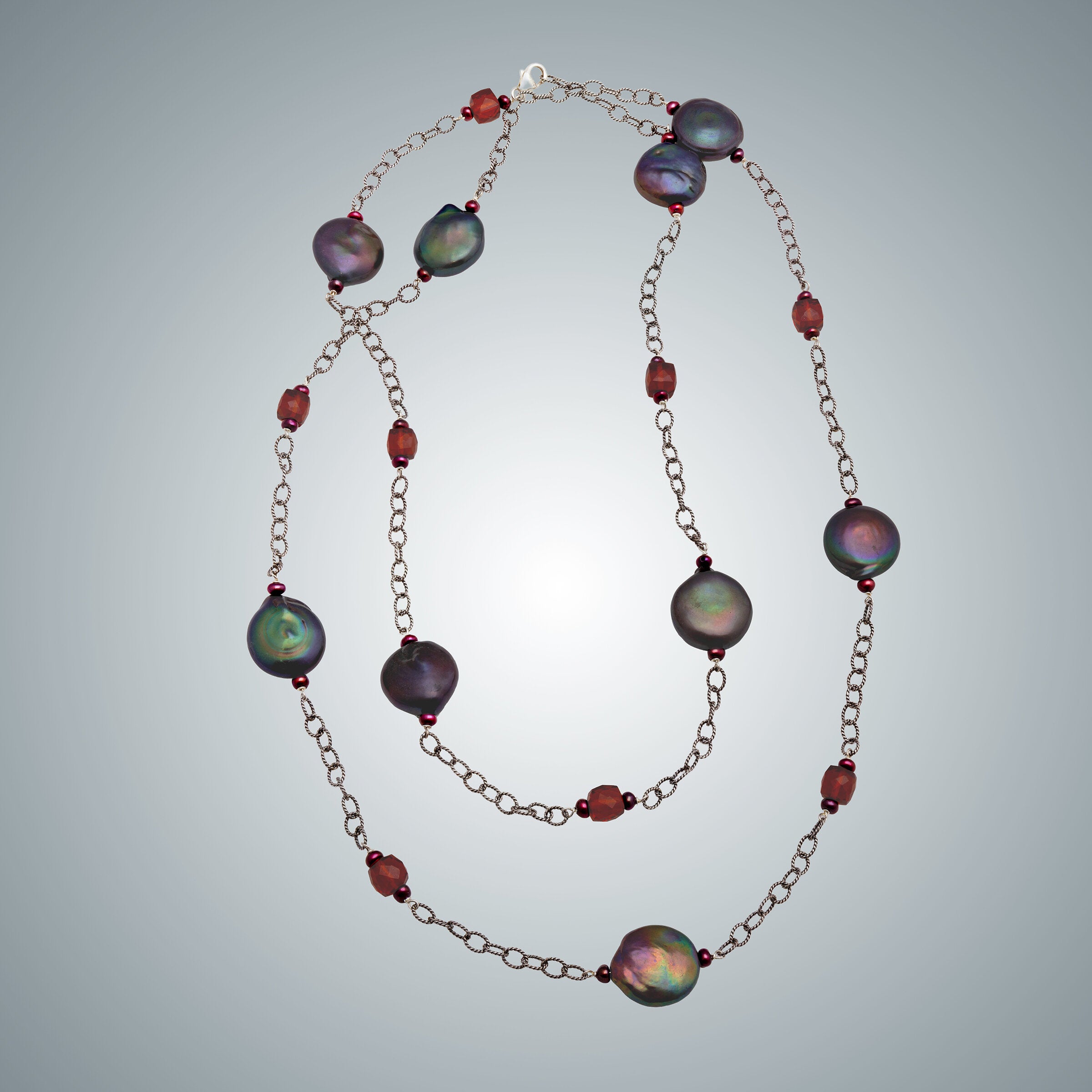 Iridescent Coin Pearls, Garnet & Oxidized Sterling Silver Necklace