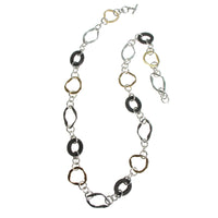Long Hammered Metal Oval and Mesh Necklace