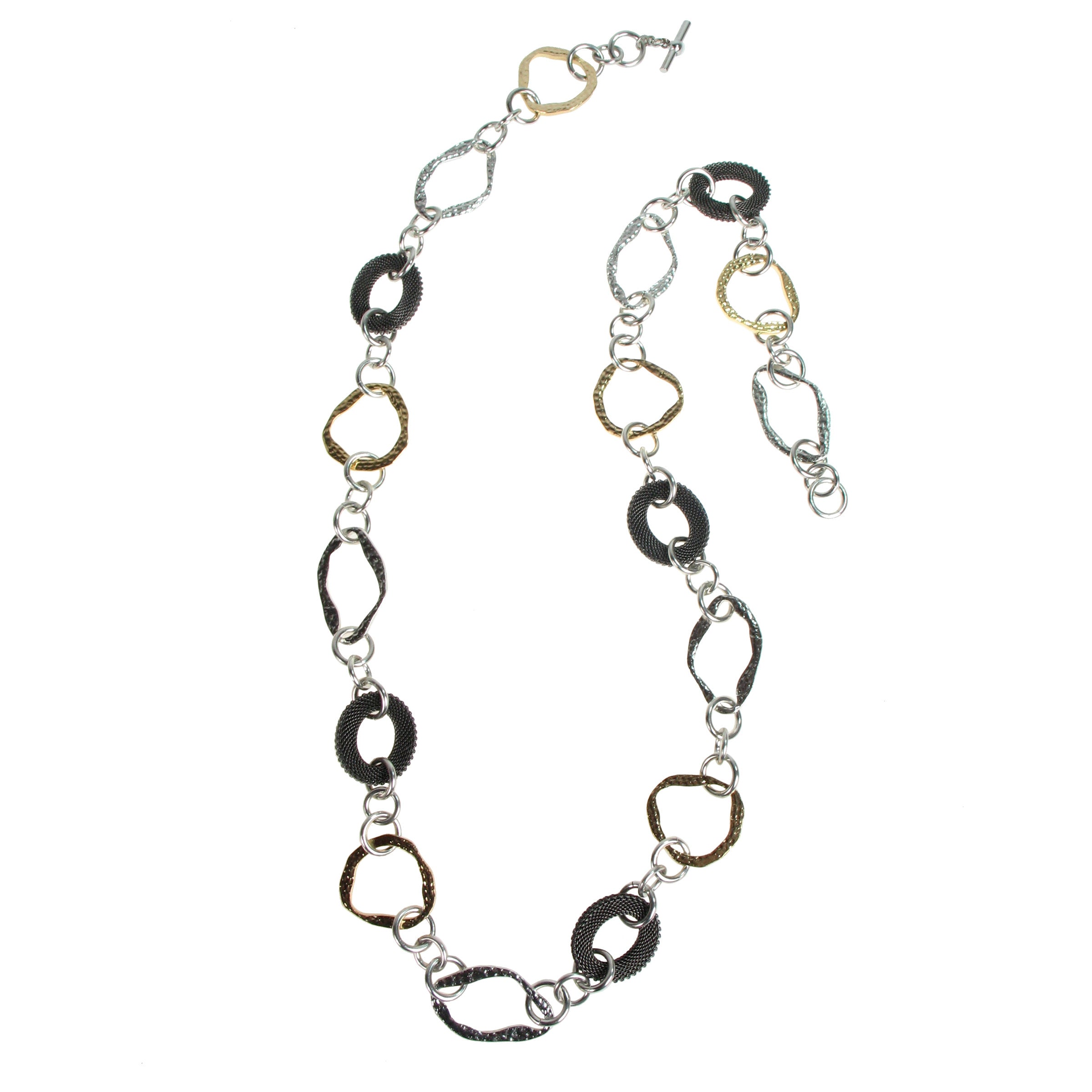 Long Hammered Metal Oval and Mesh Necklace
