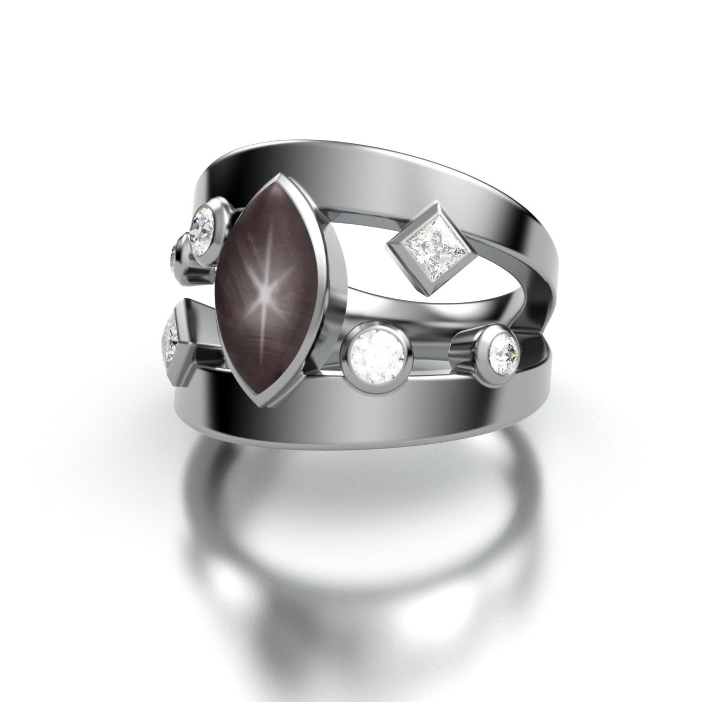 Black Star Sapphire Marquise Ring with Gems