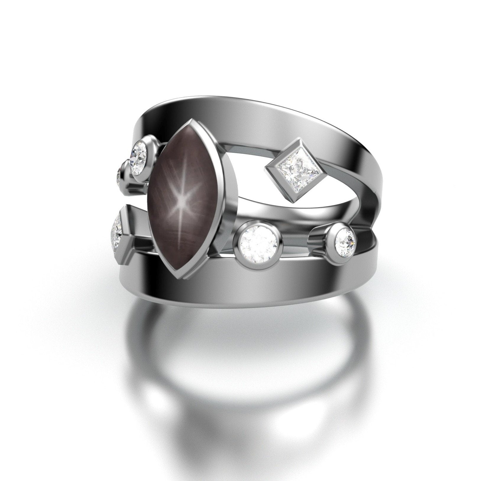 Black Star Sapphire Marquise Ring with Gems