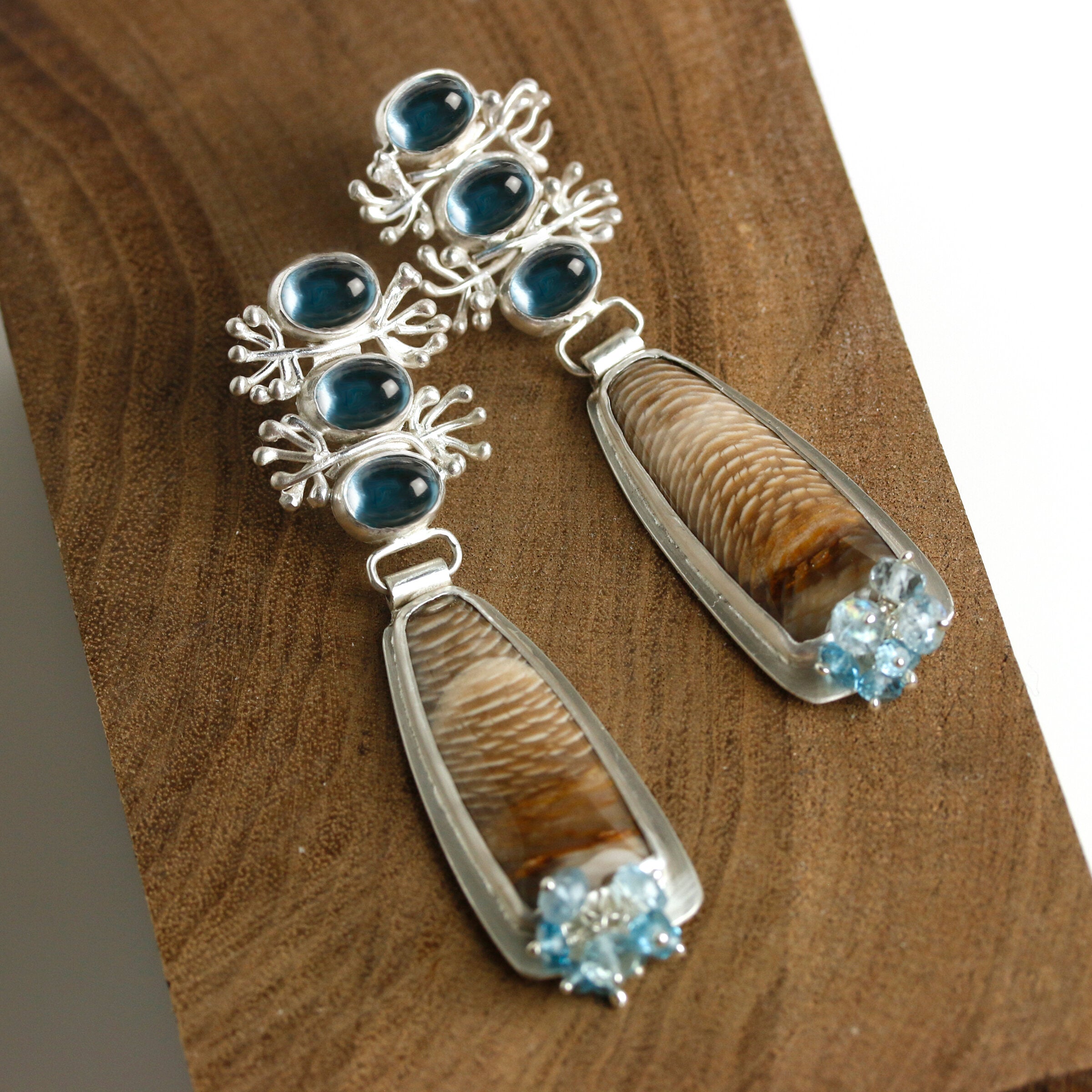 Sprouting Blue Topaz & Petrified Oak Earrings