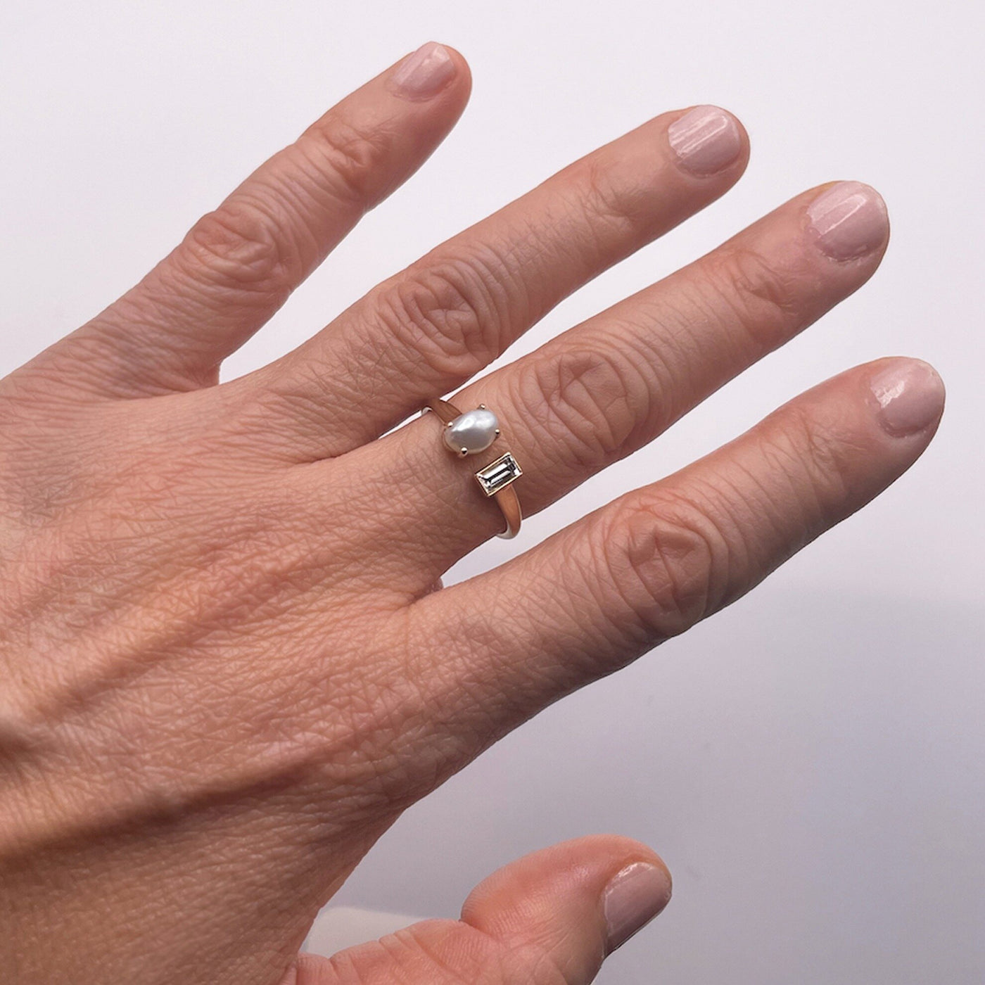 Baroque Pearl & Baguette Diamond Toi et Moi Ring