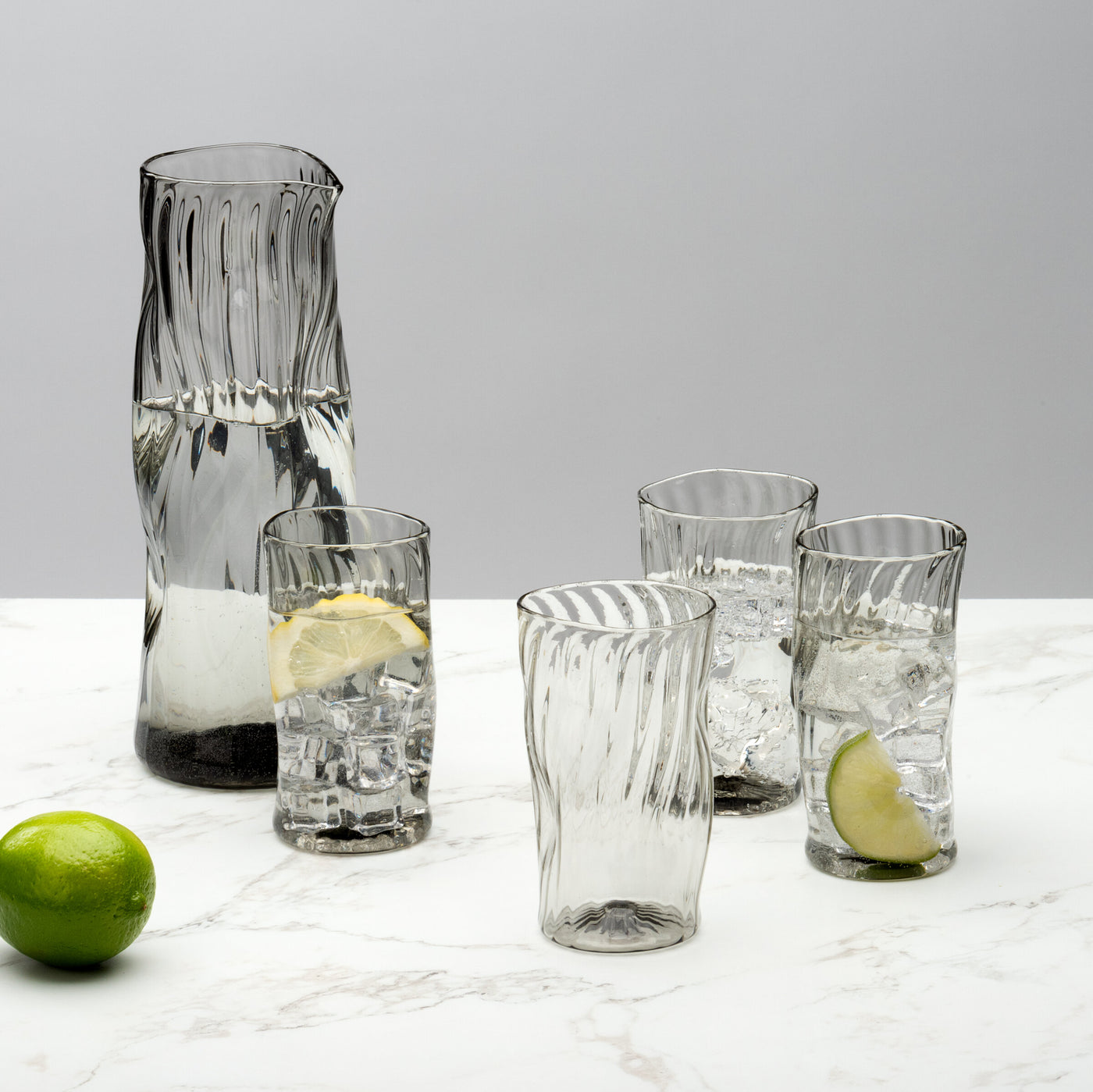 Smoke Gray Pitcher and Set of Four Cups