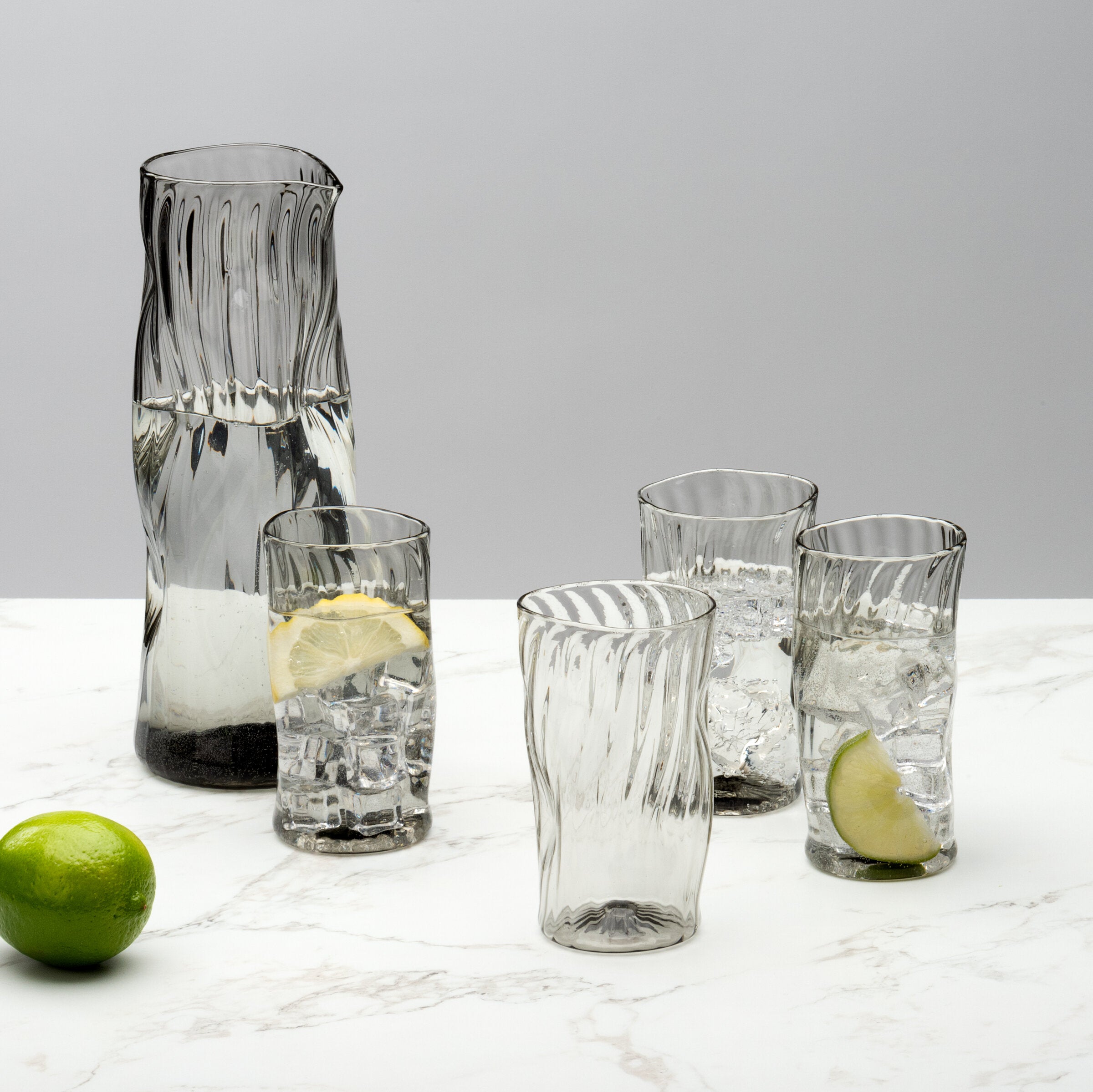 Smoke Gray Pitcher and Set of Four Cups