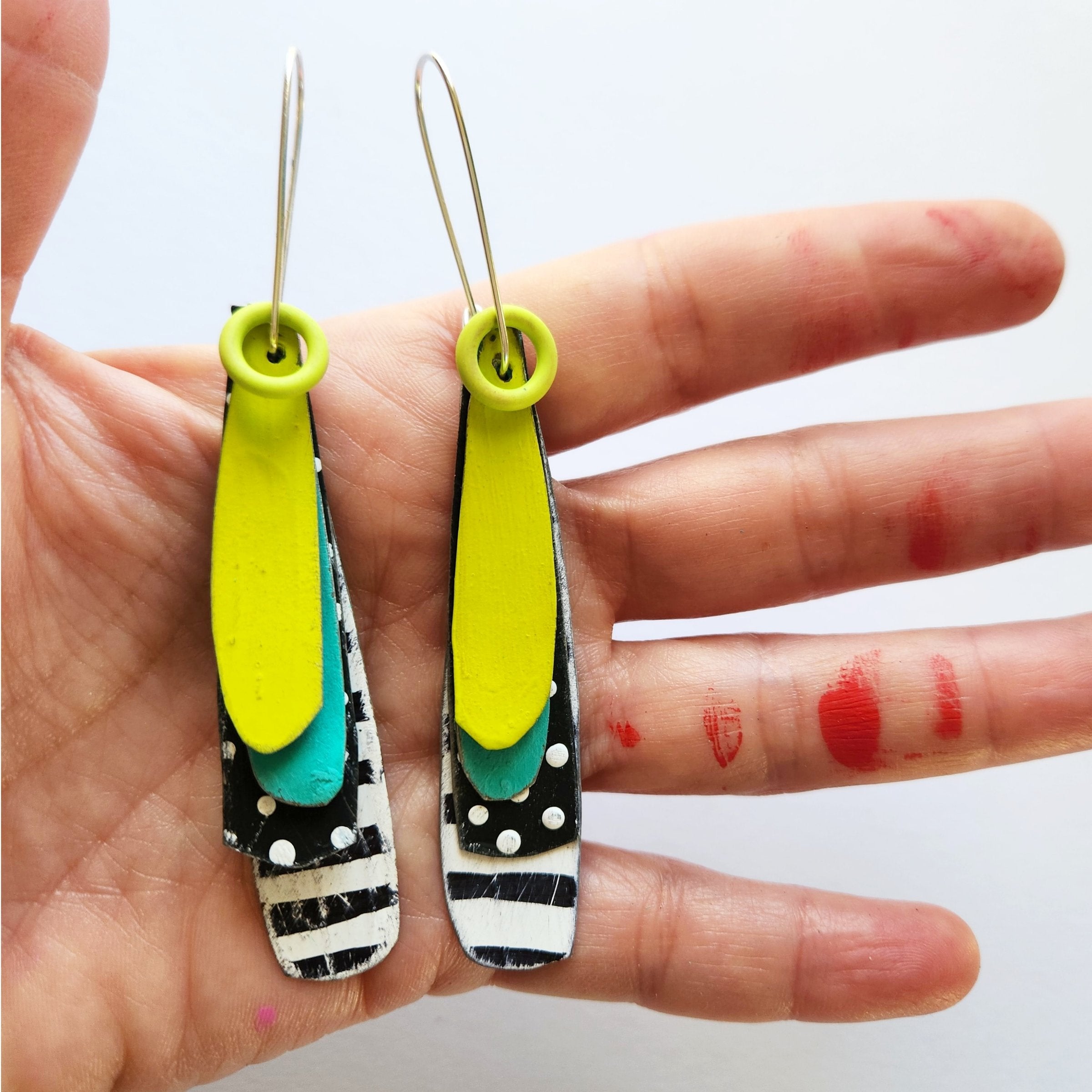 Turquoise, Chartreuse, Black & White Drops Earrings