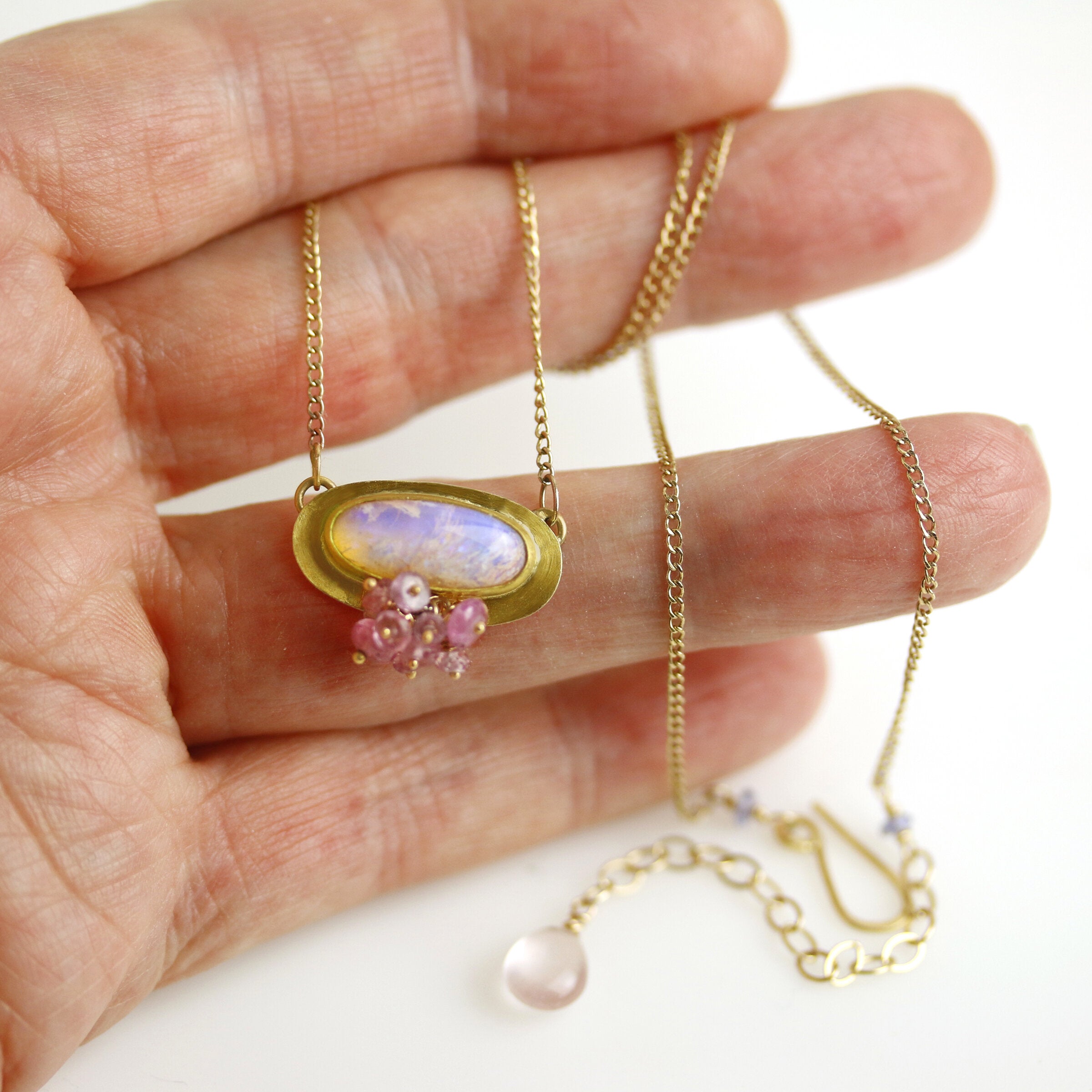 Rose and Lavender Pipe Crystal Opal Pendant with Pink Sapphire Cluster