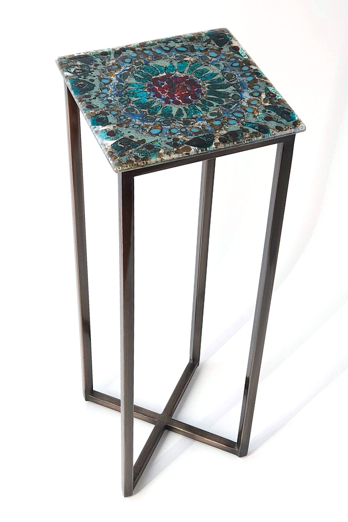 Red and Aquamarine Mandala Glass Table