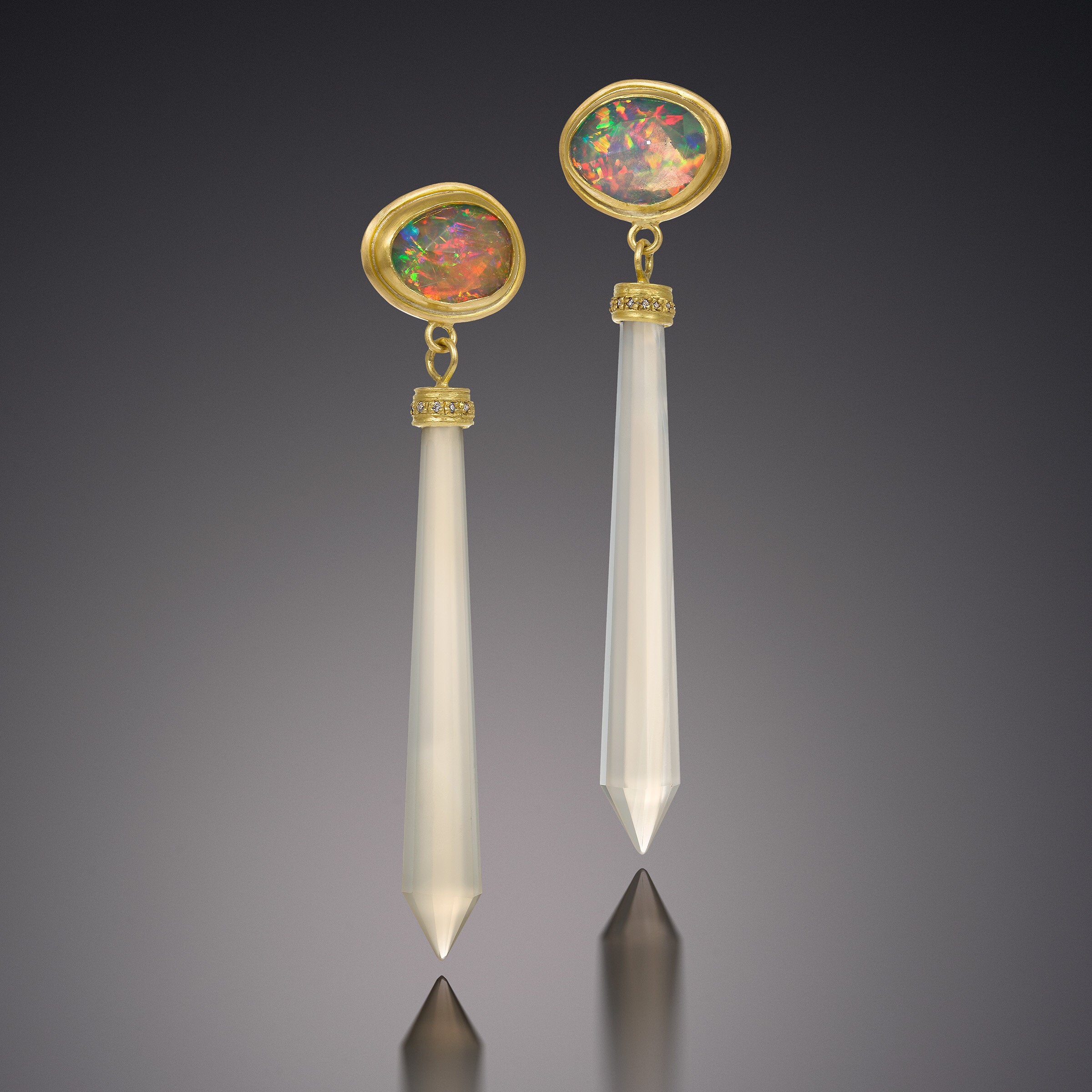 Gold, Opal, Chalcedony & Diamond Earrings