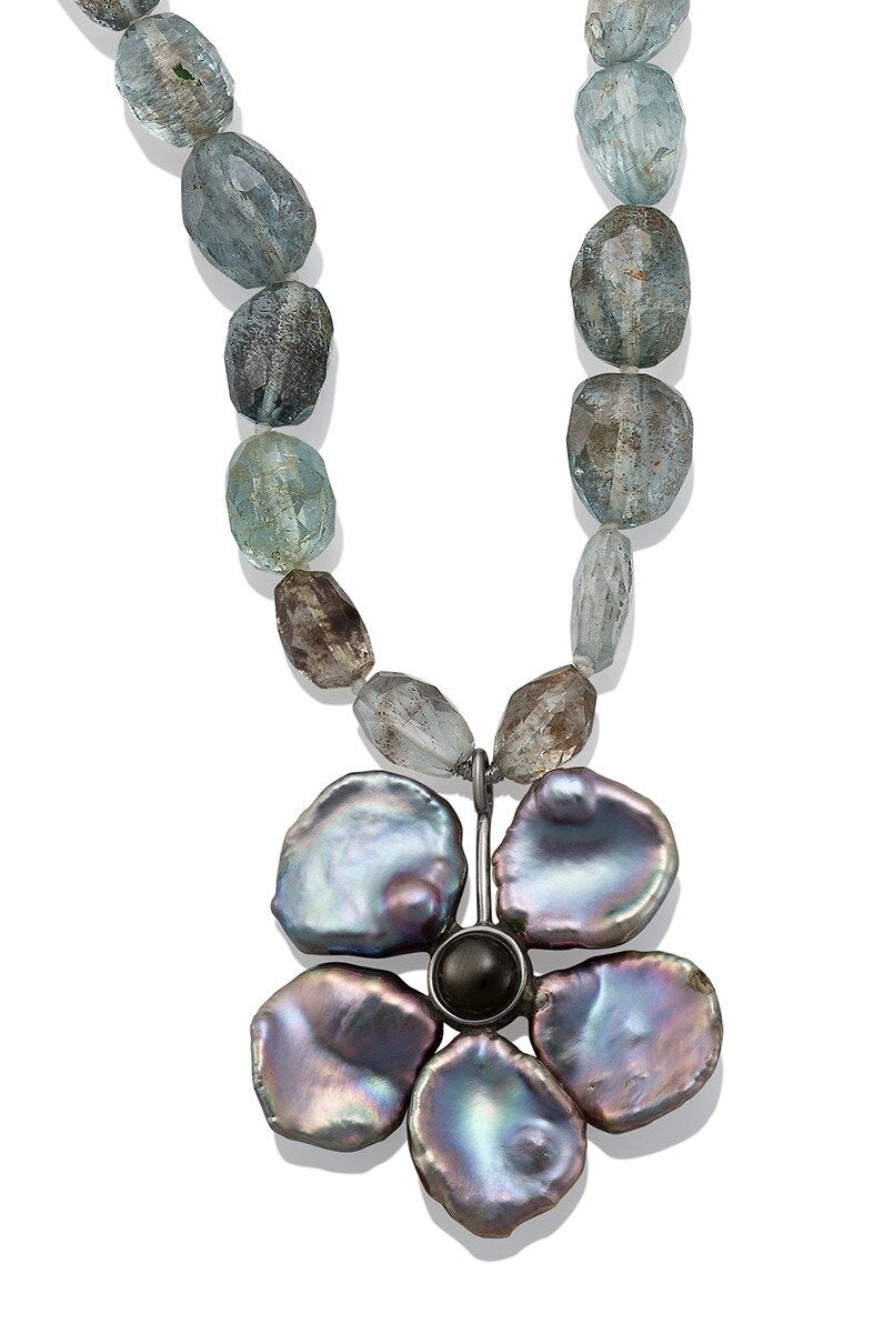 Aquamarine & Pearl Flower Necklace