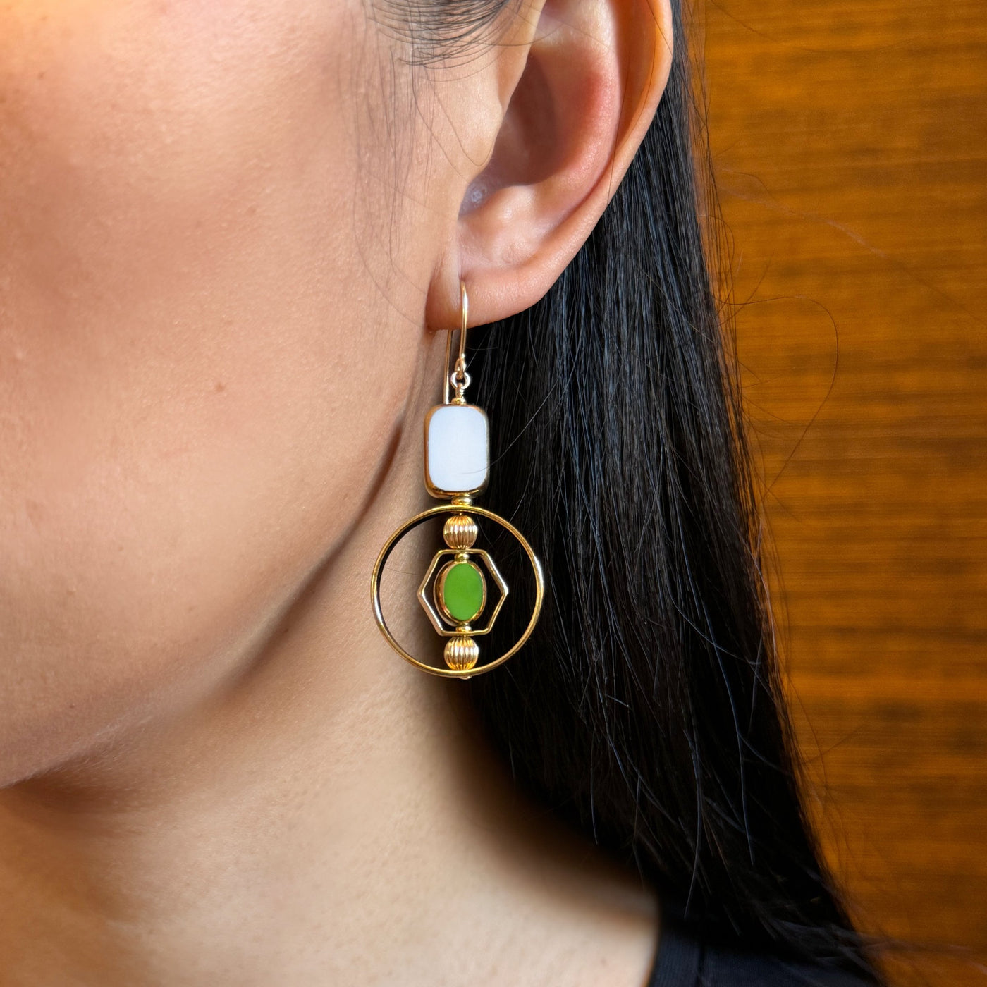 White & Green Art Deco Earrings